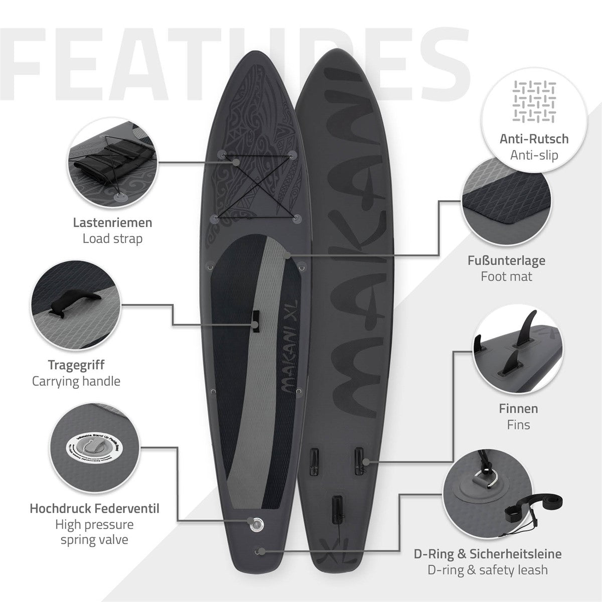 Fekete stand-up paddle board különböző jellemzőkkel és tartozékokkal.