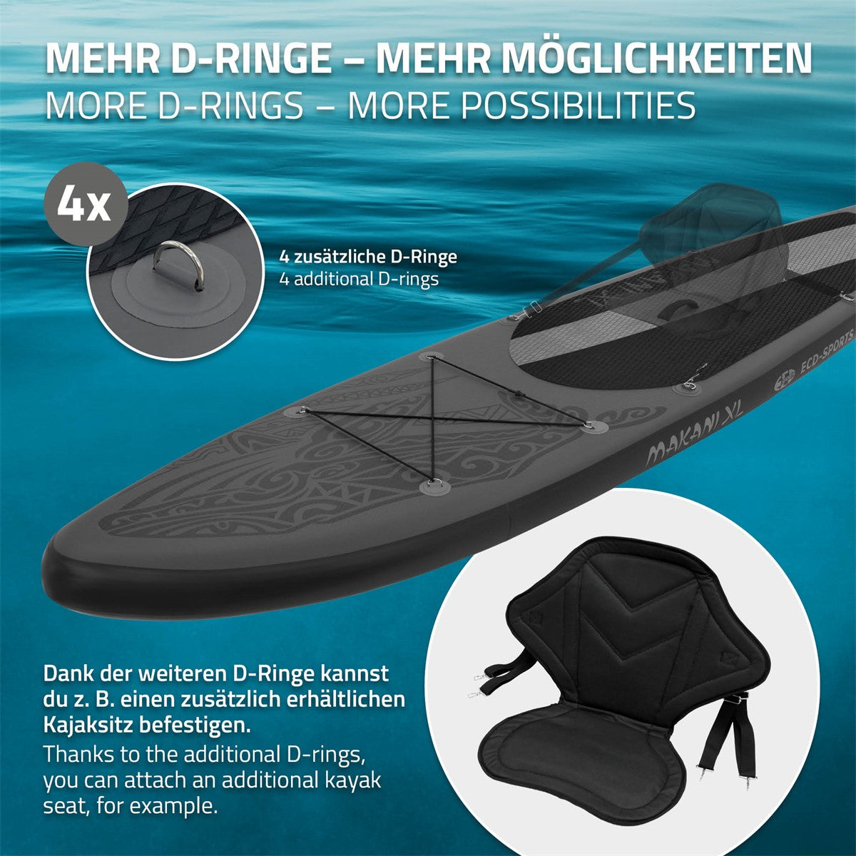 Stand Up Paddle Board D-gyűrűkkel és ülési lehetőségekkel, fekete, au