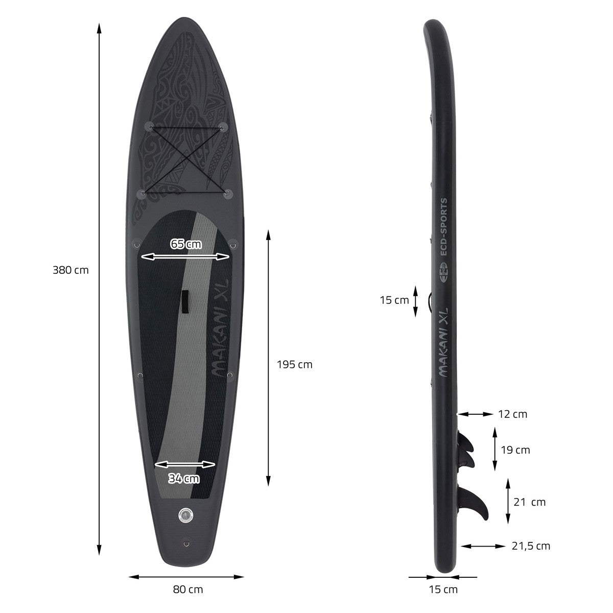 Fekete Stand-Up-Paddleboard méretekkel és tervezési nézettel.