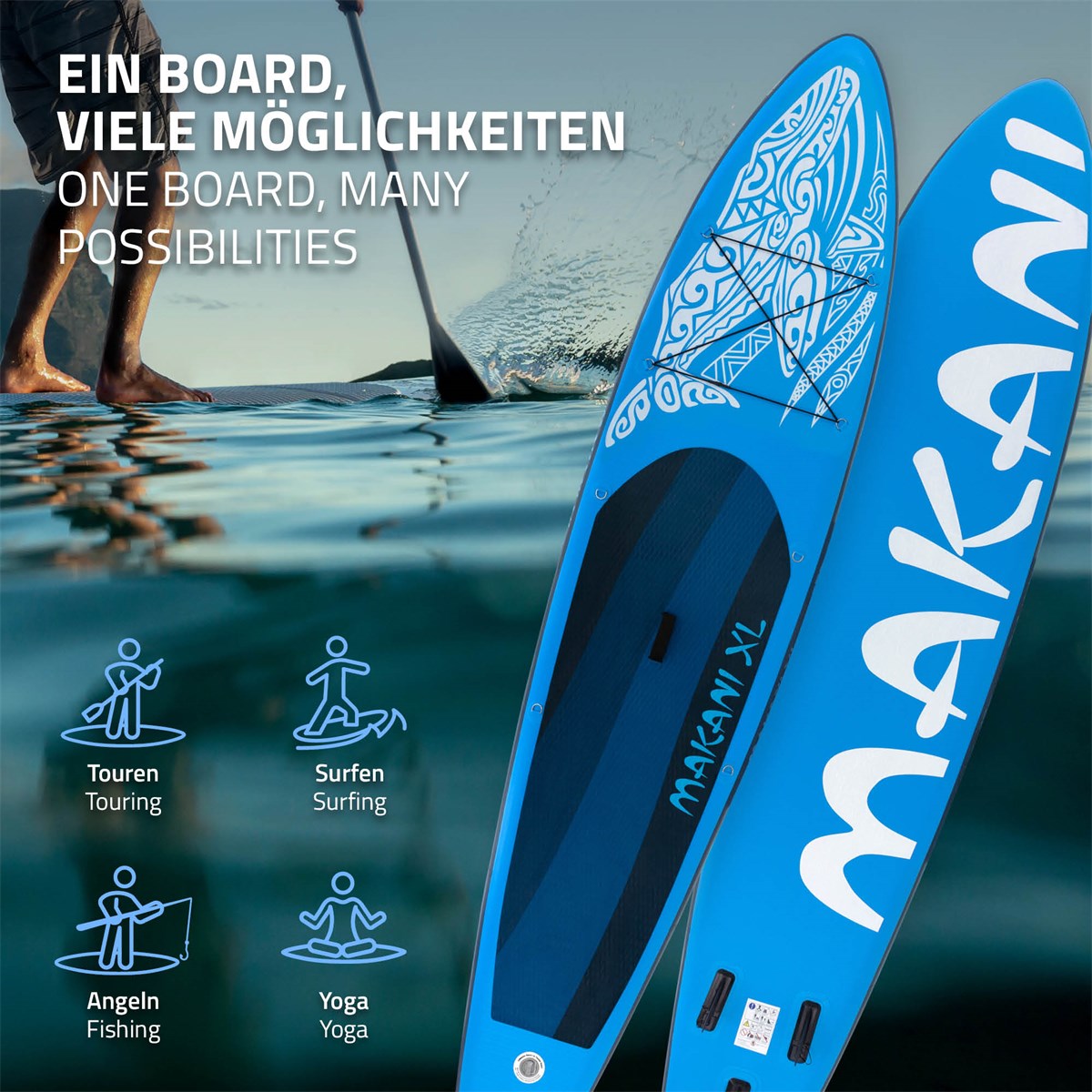 Blaues Stand-Up-Paddle-Board mit verschiedenen Nutzungsmöglichke