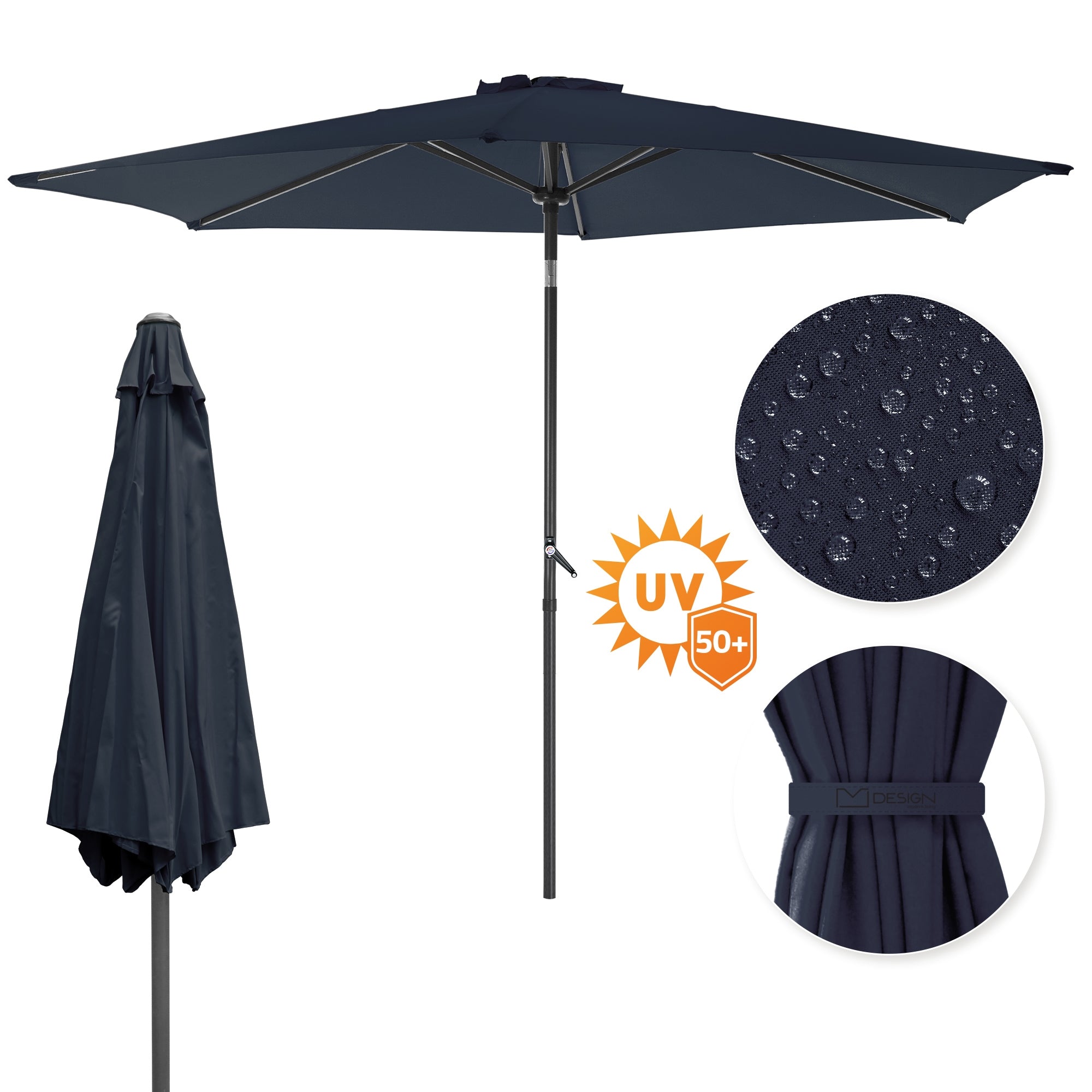 Parasol bleu foncé avec surface déperlant et protection UV.