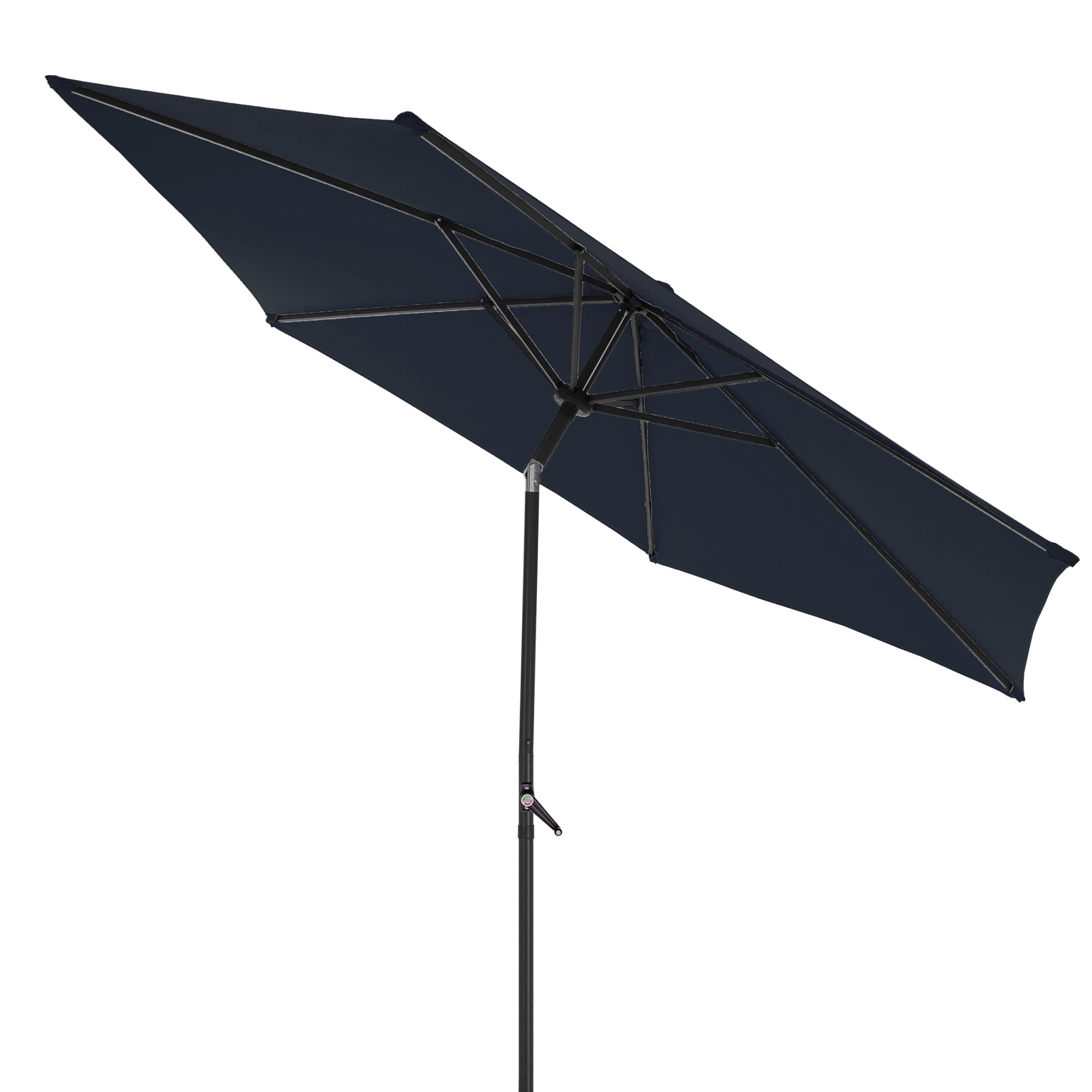 Parasol noir sur un support, ouvert, devant un fond blanc.