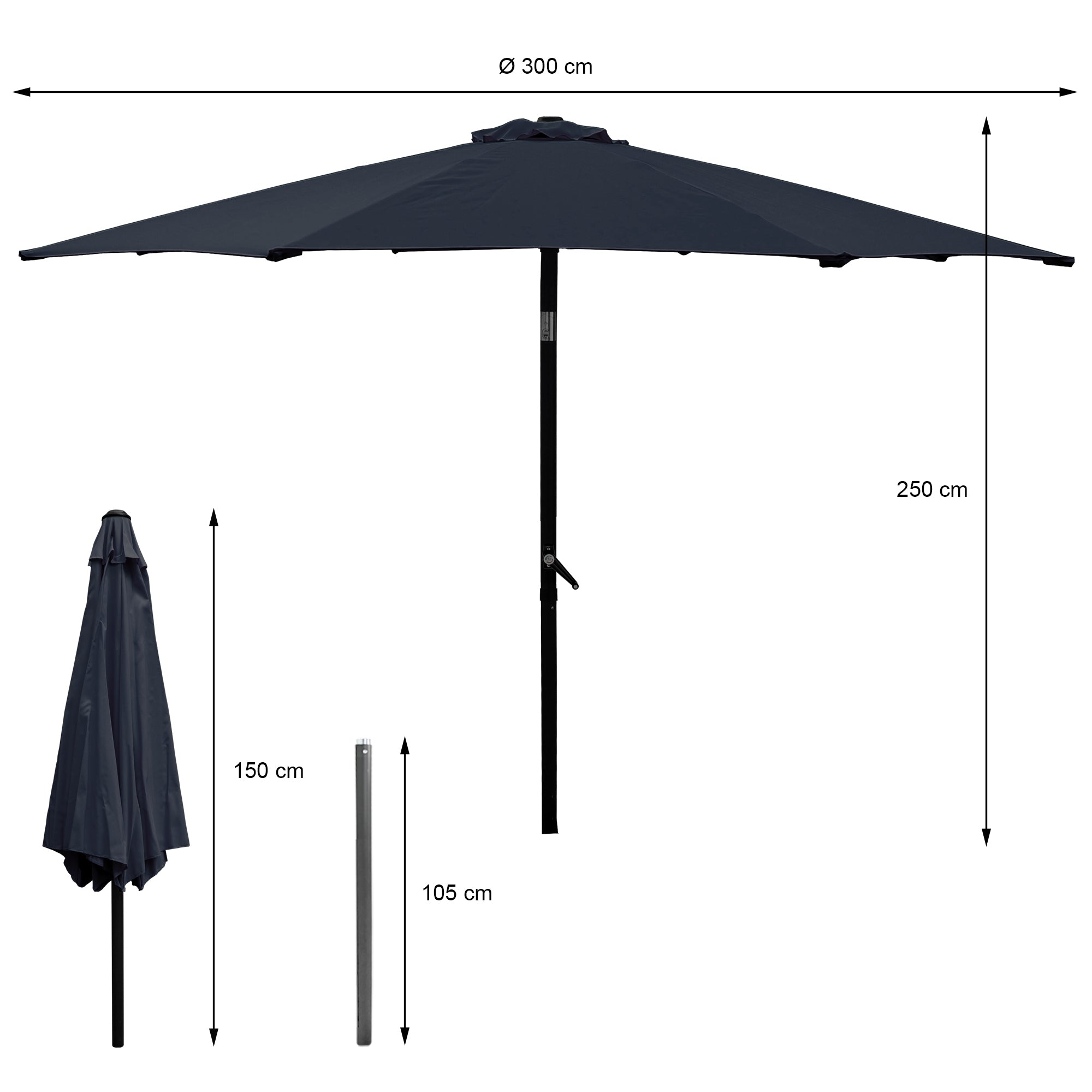 Parasol d'un diamètre de 300 cm et d'une hauteur de 250 cm, replié 150 cm.