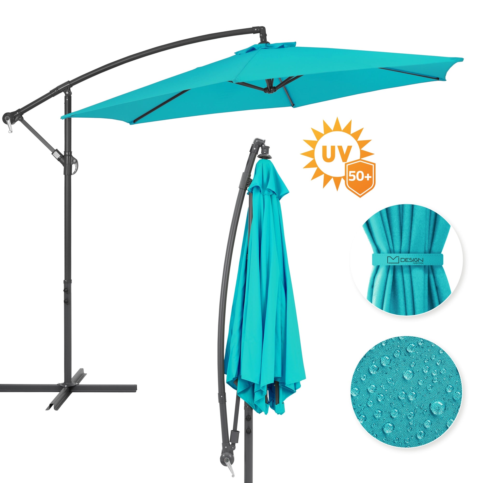 Un parasol turquoise avec protection UV et un tissu déperlant.