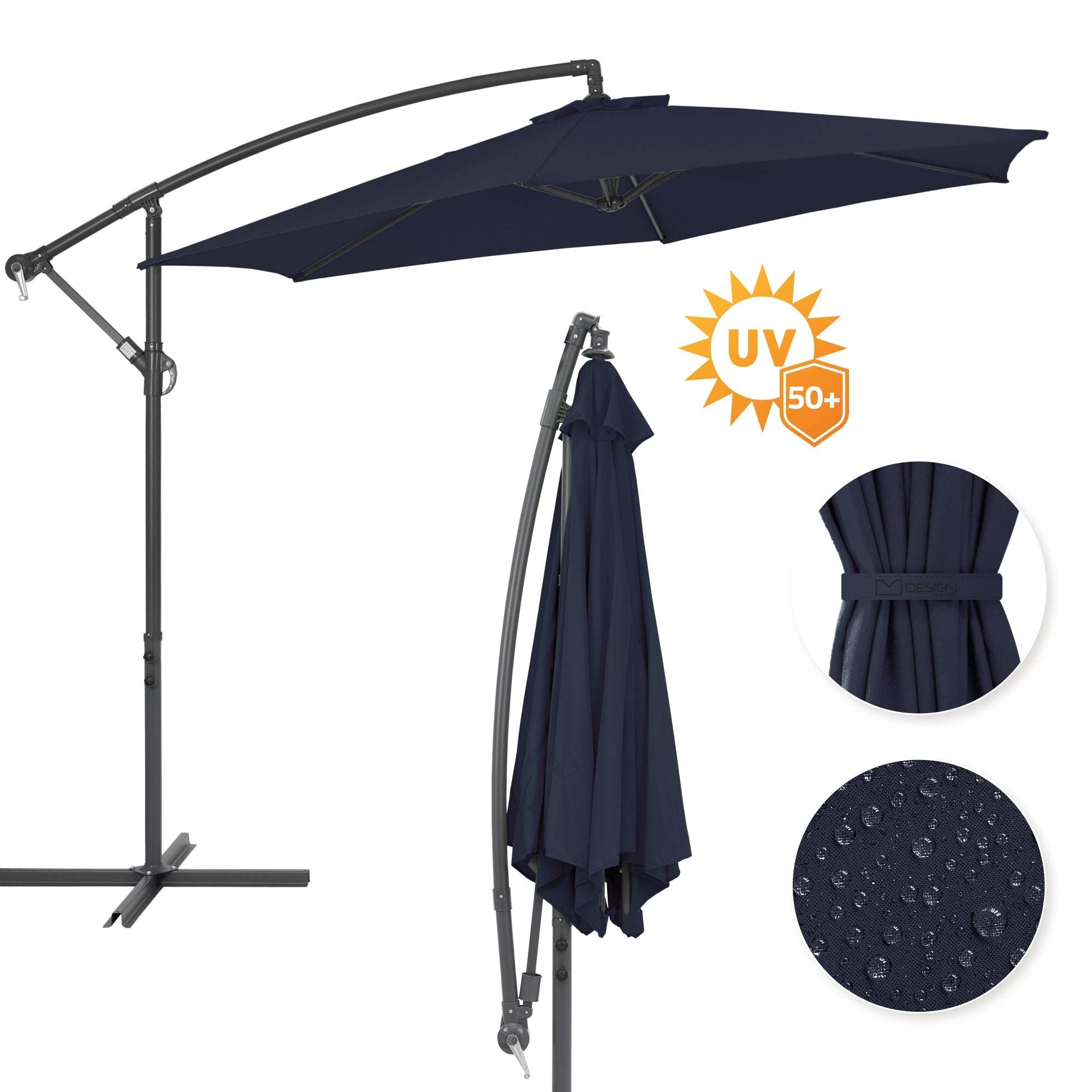 Dark blue parasol with UV protection, folded.