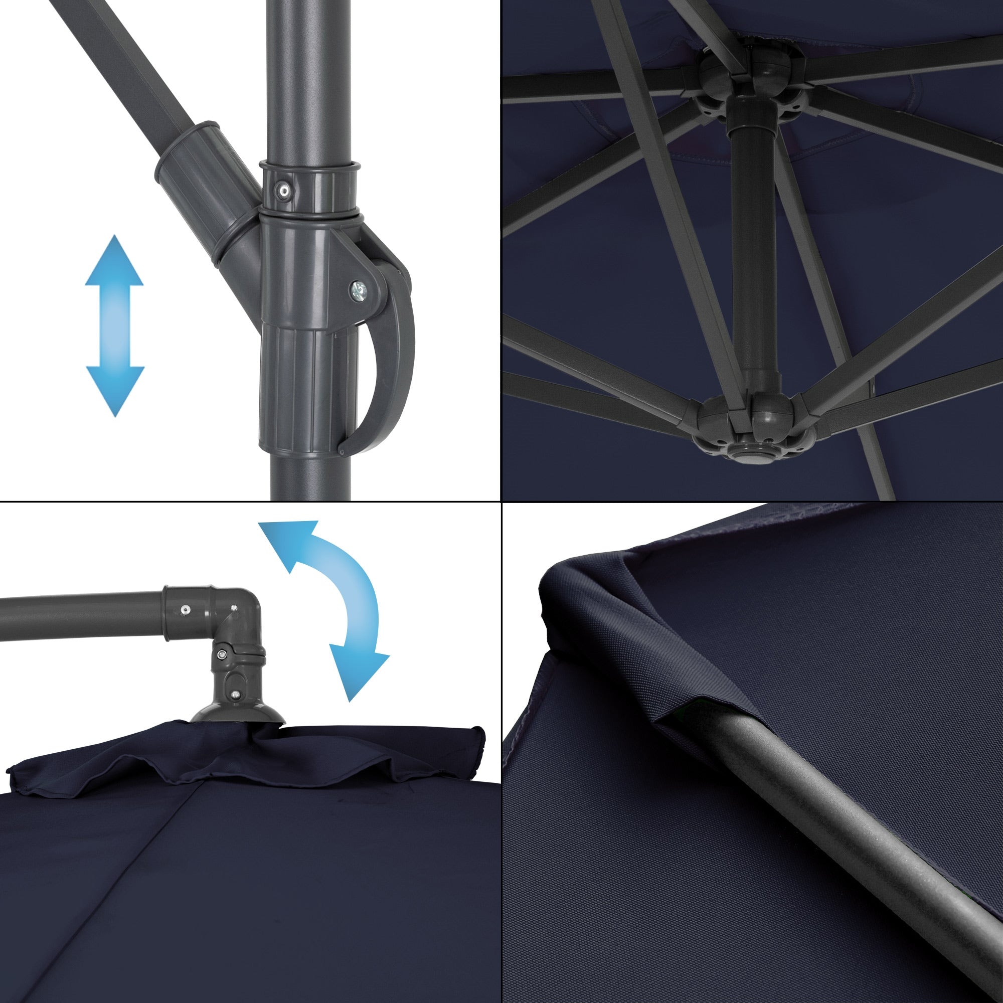 Close-up of the umbrella mechanism with lever and joint.