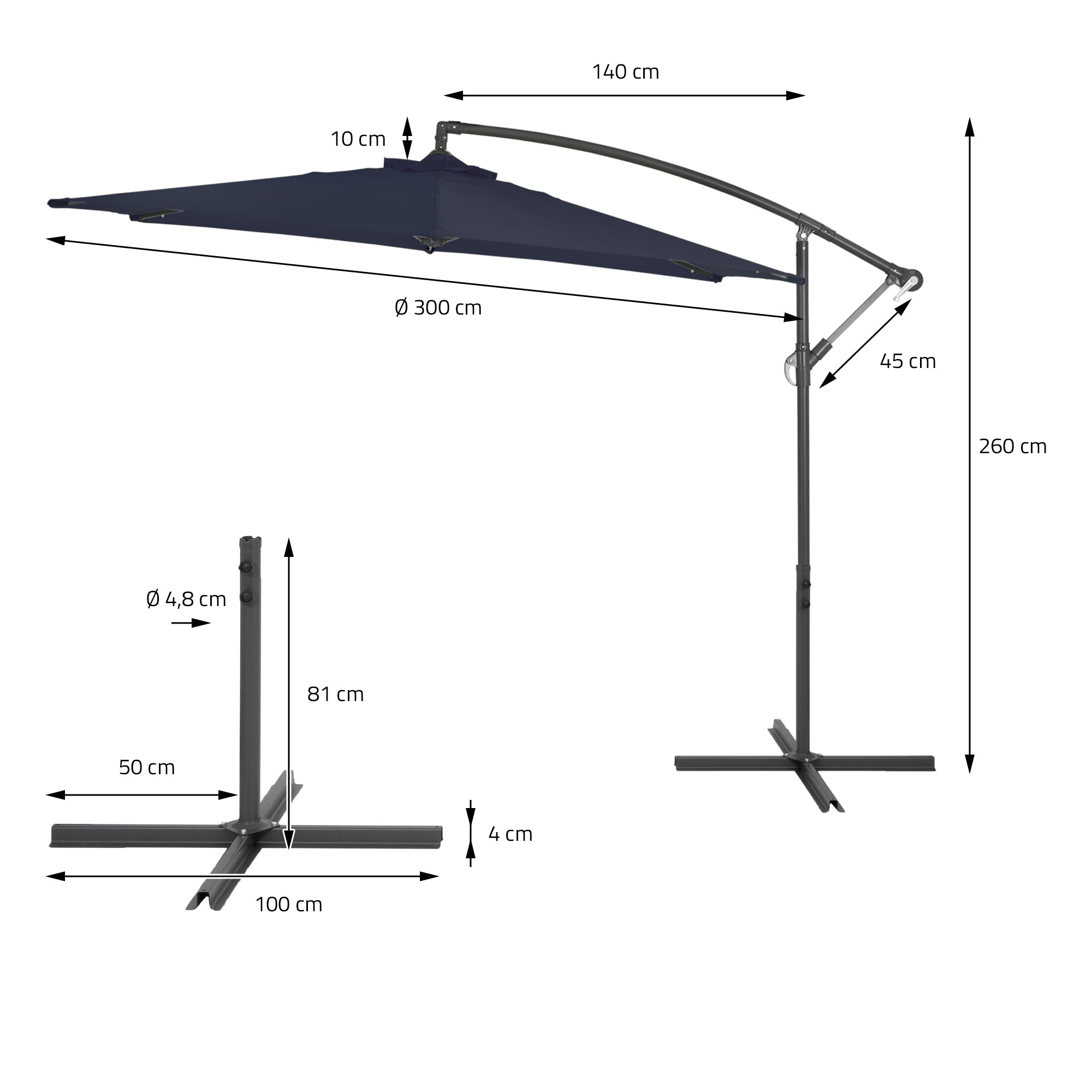 Measurement drawing of a parasol with stand and dimensions.