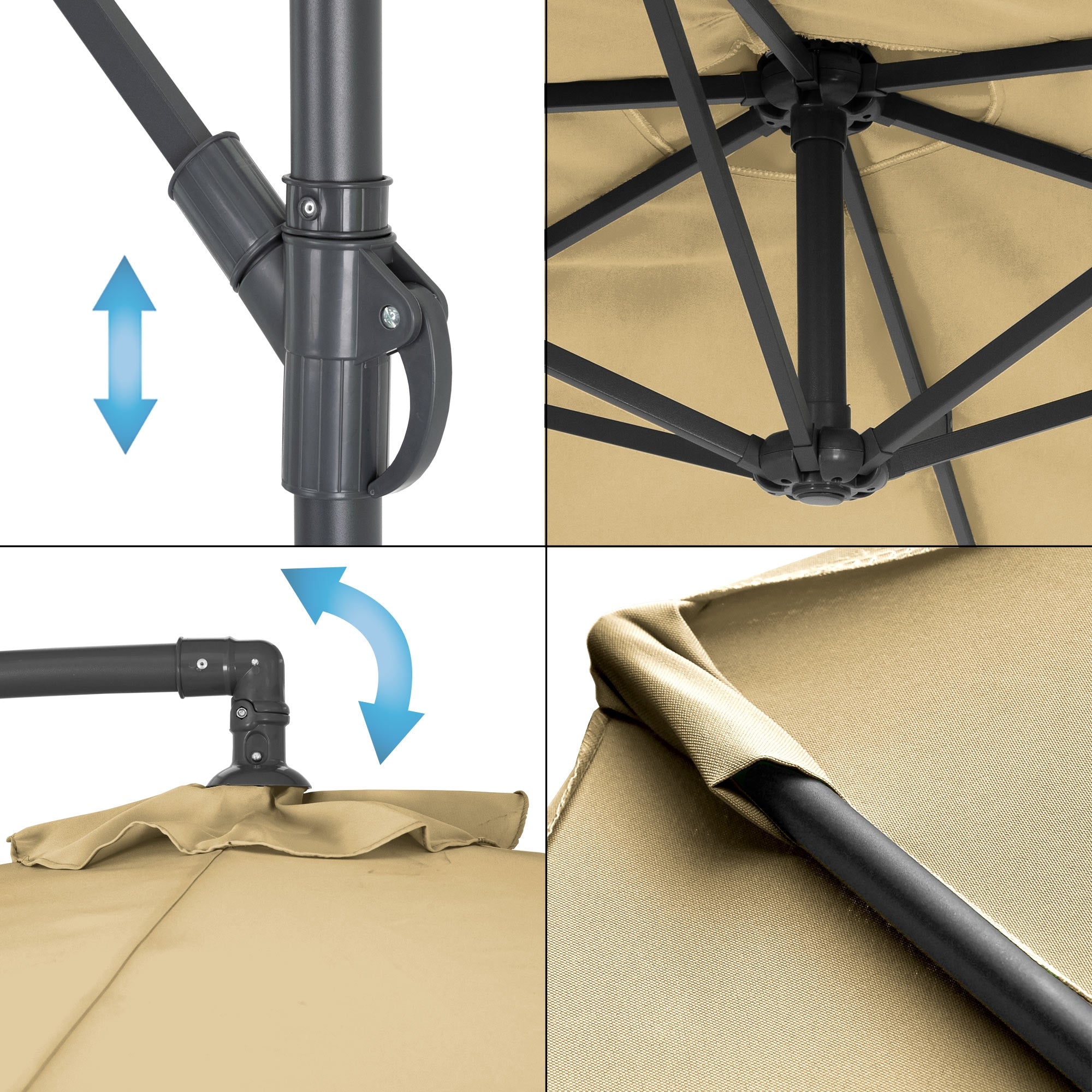 Detailní pohled na slunečník s mechanismem pro otevírání a zavírání.