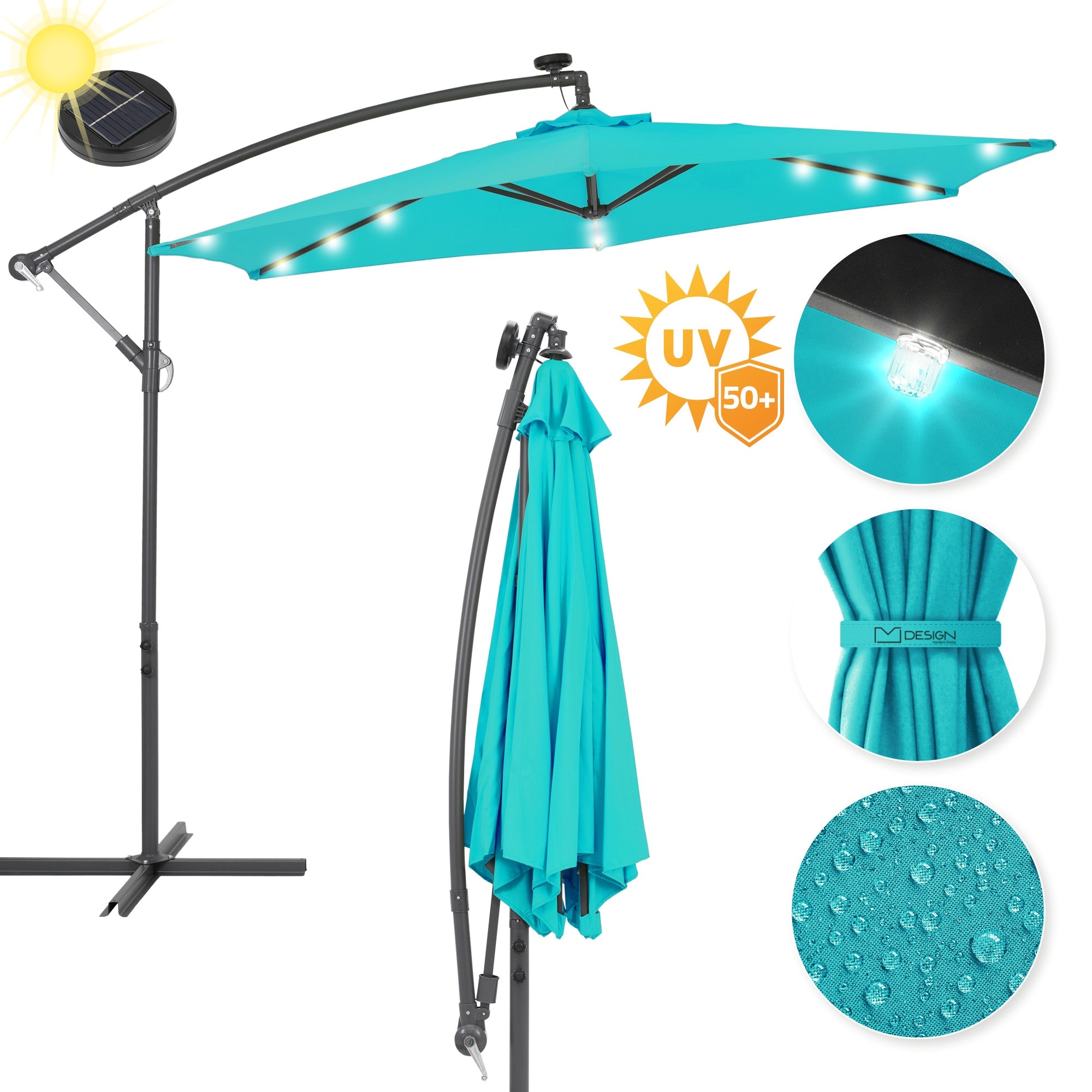Ein großer, türkisfarbener Sonnenschirm mit LED-Beleuchtung und UV-Schutz.