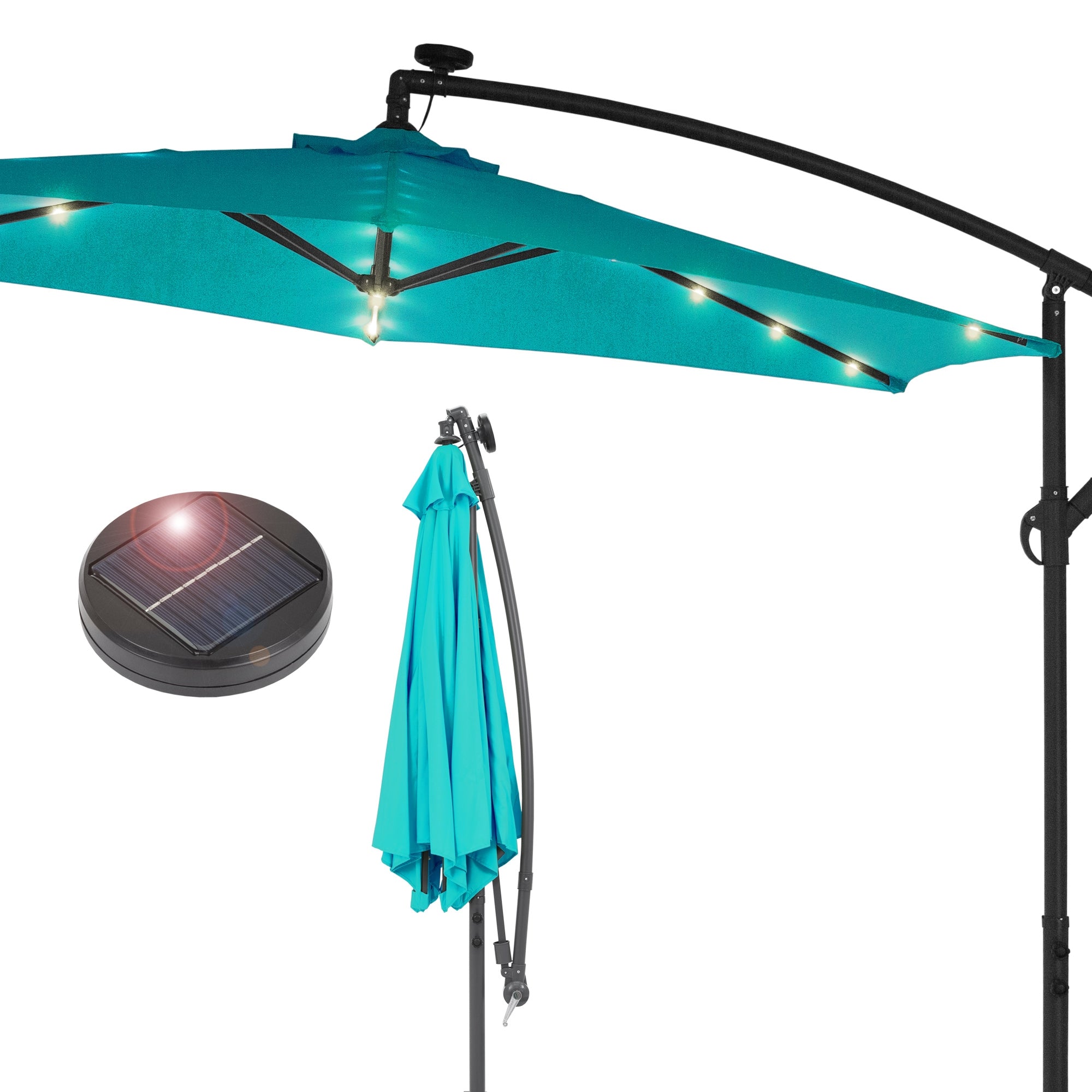 Sonnenschirm in Türkis mit LED-Beleuchtung und Solarpanel, zusammen mit dem Schirmständer.