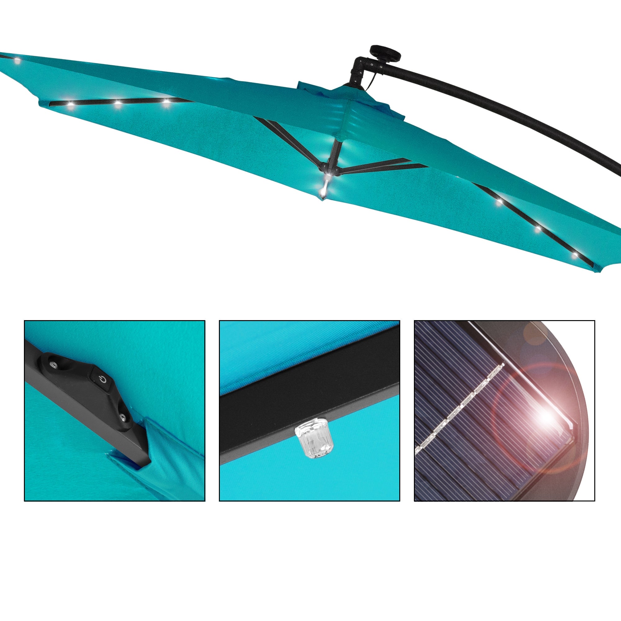 Detailansicht des Türkisen Sonnenschirms mit LED-Beleuchtung und Solarpanel.