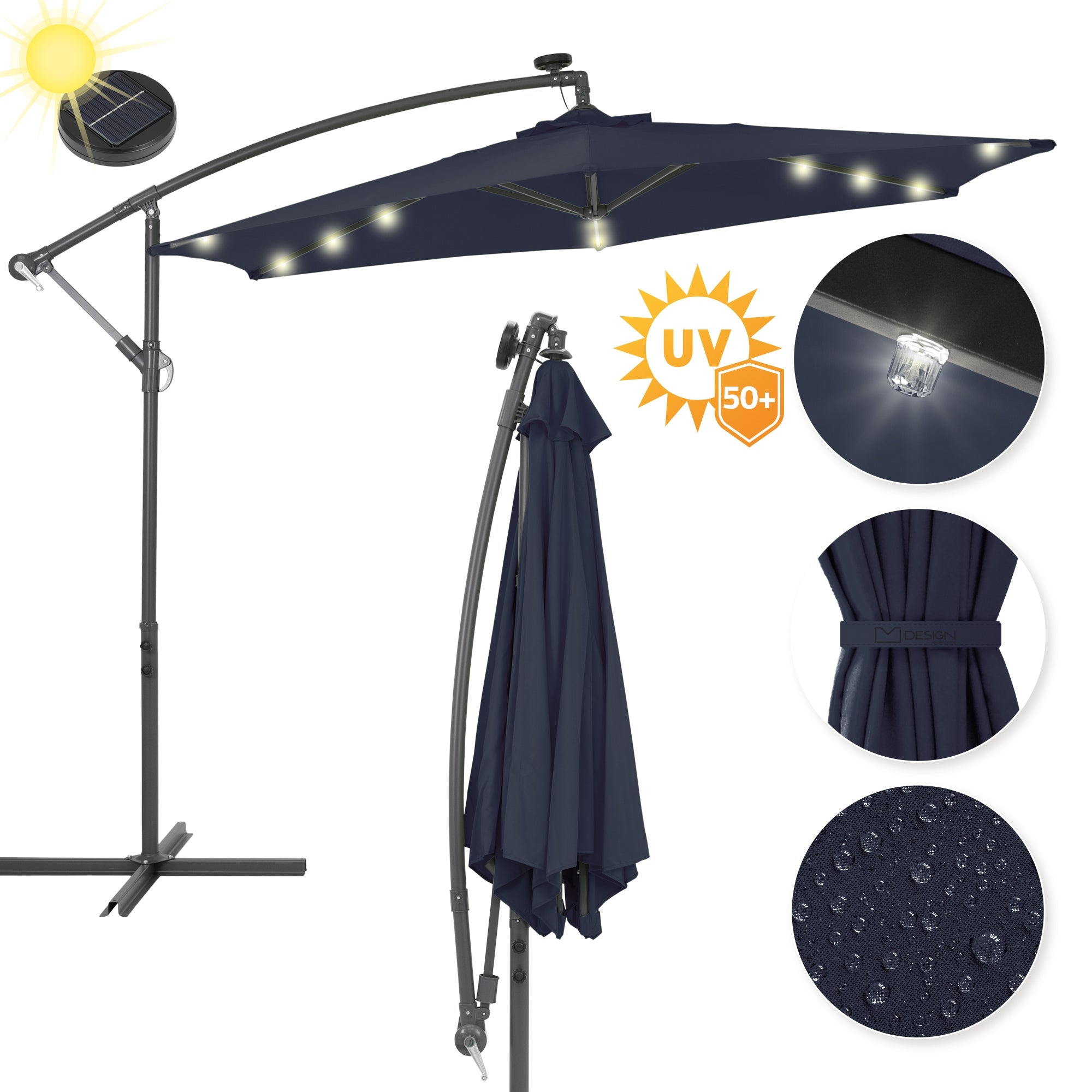 Sonnenschirm mit LED-Beleuchtung, UV-Schutz und wasserabweisendem Stoff in Dunkelblau.
