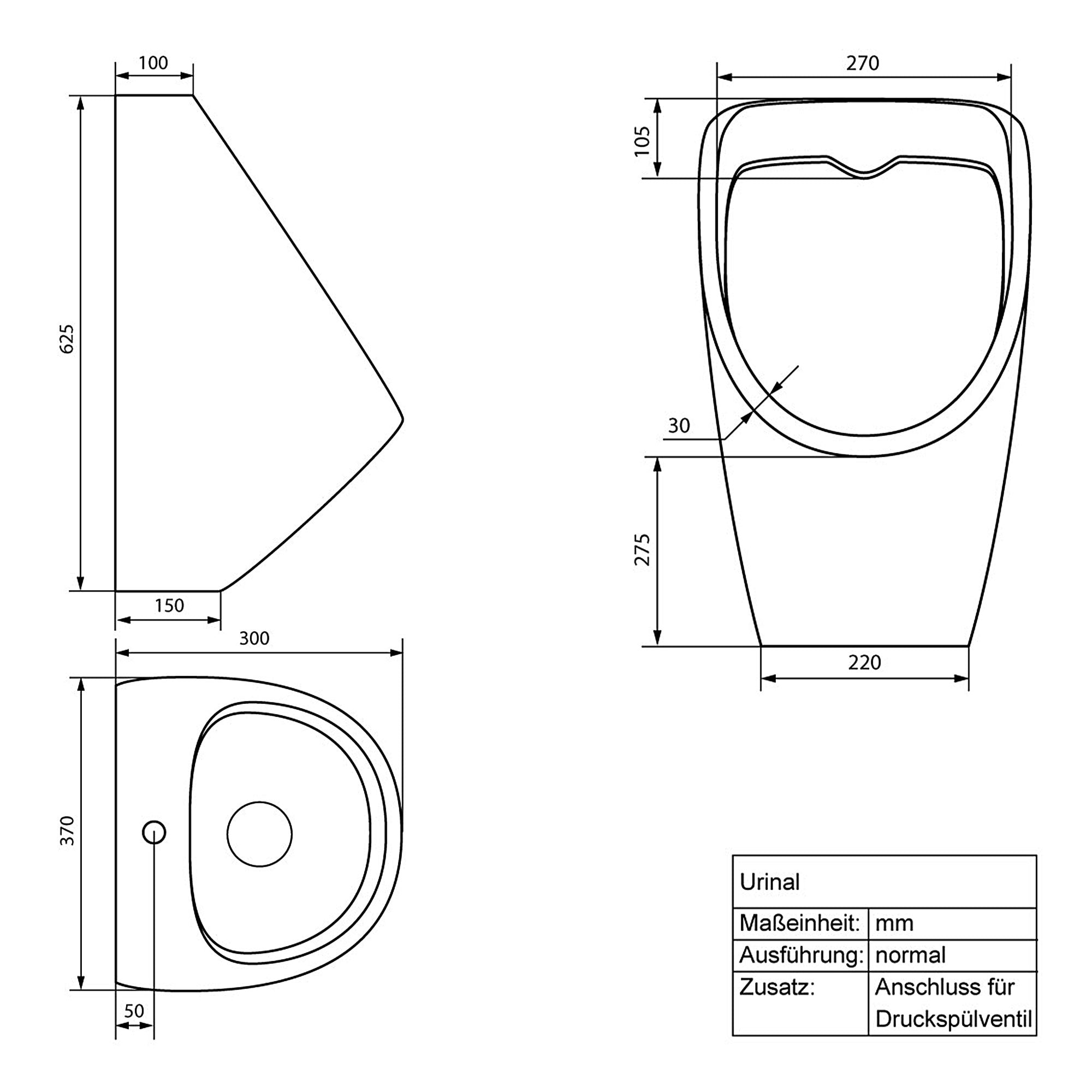 Disegno tecnico di un urinale con misure.