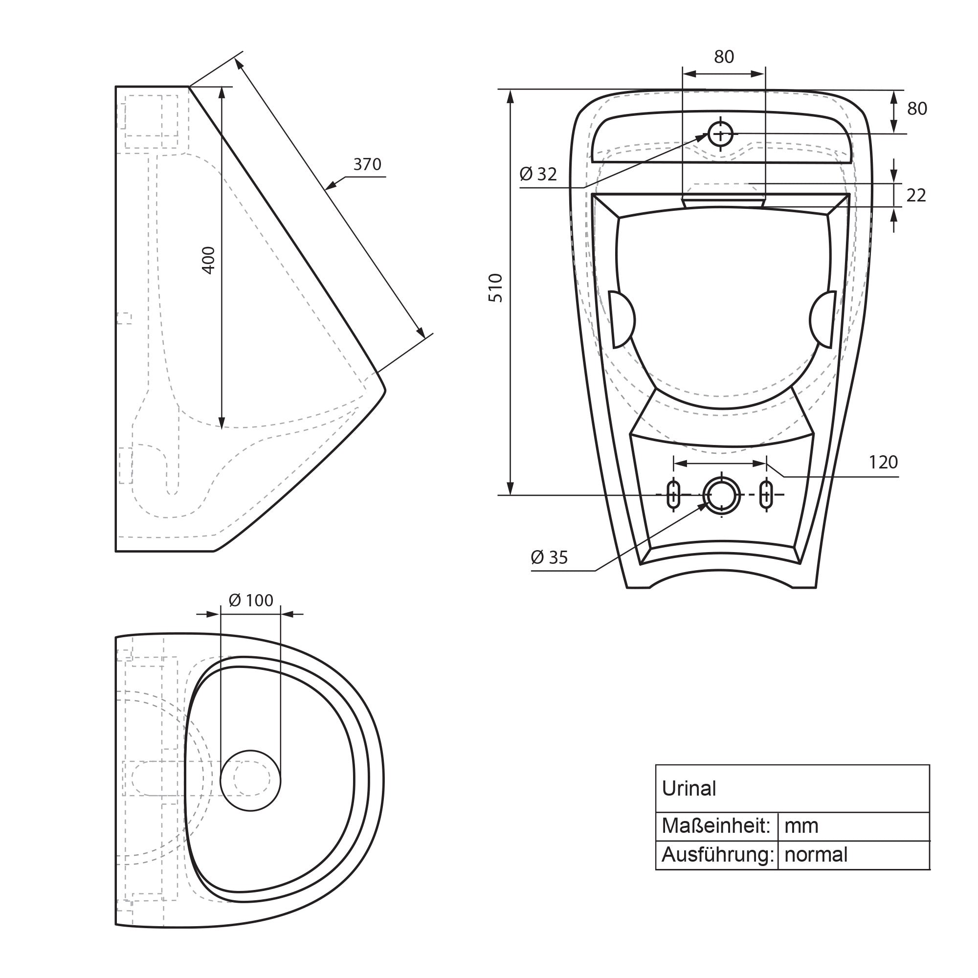 Technische Zeichnung eines Urinals mit Maßen in Millimetern.