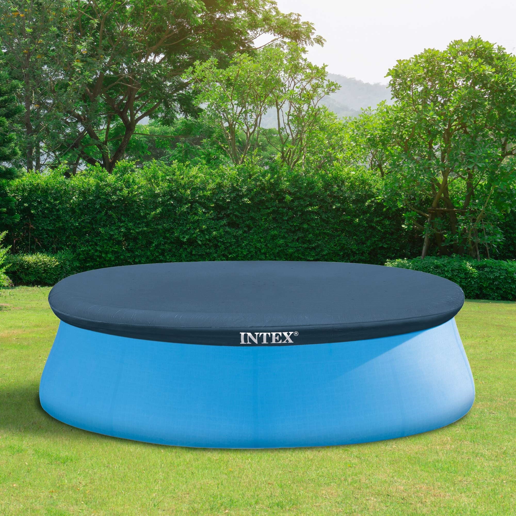 Piscine ronde bleue avec couvercle noir dans un jardin.