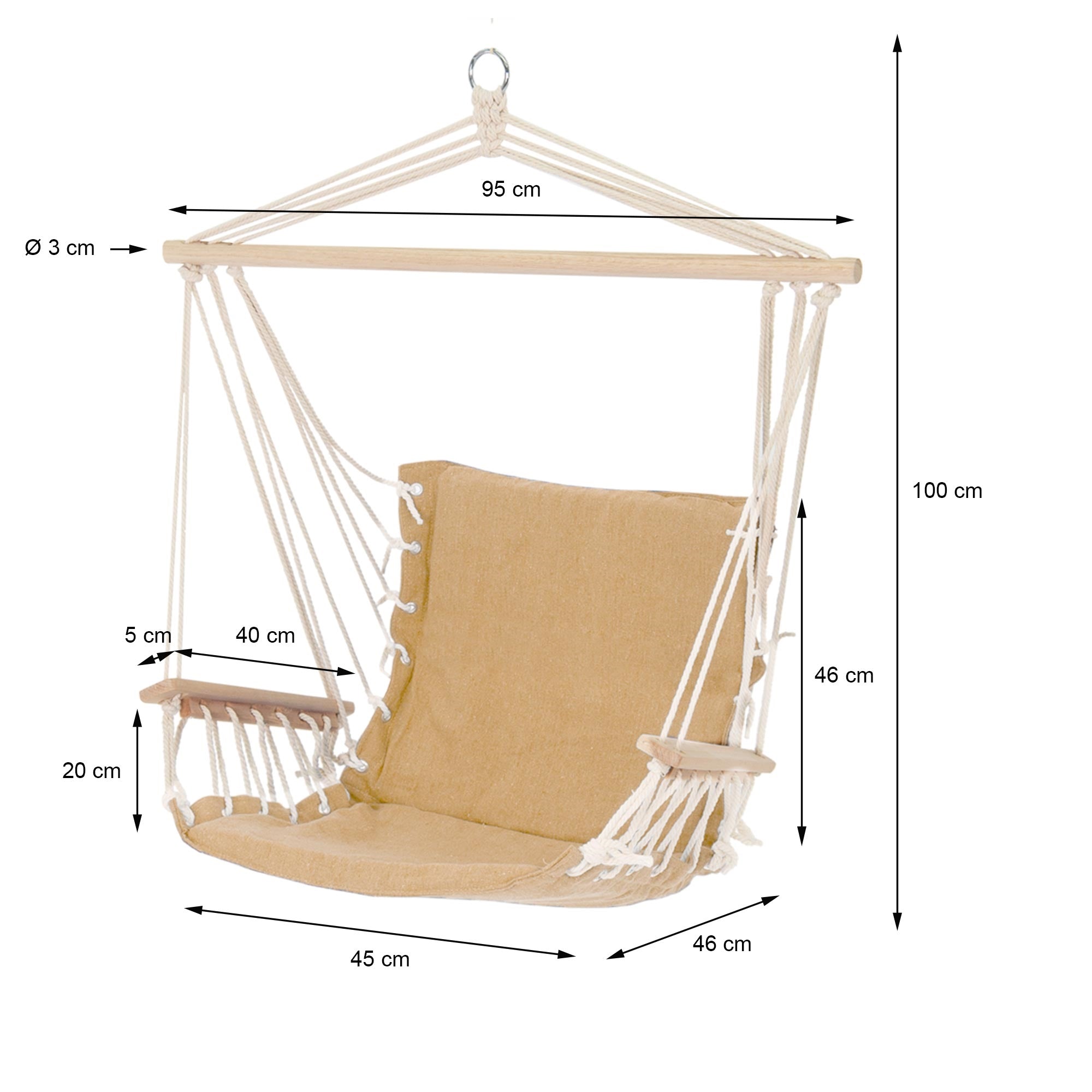 Hanging chair with wooden frame and beige cushions, dimensions are provided.