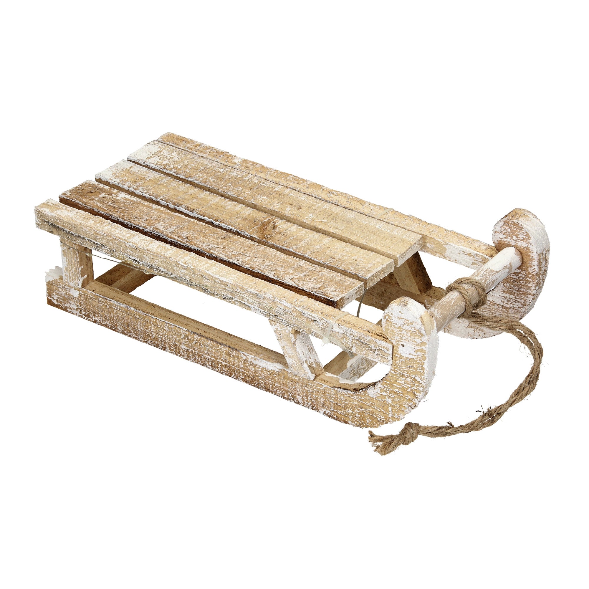 A brown wooden sled with a rope, slightly weathered and without lighting.
