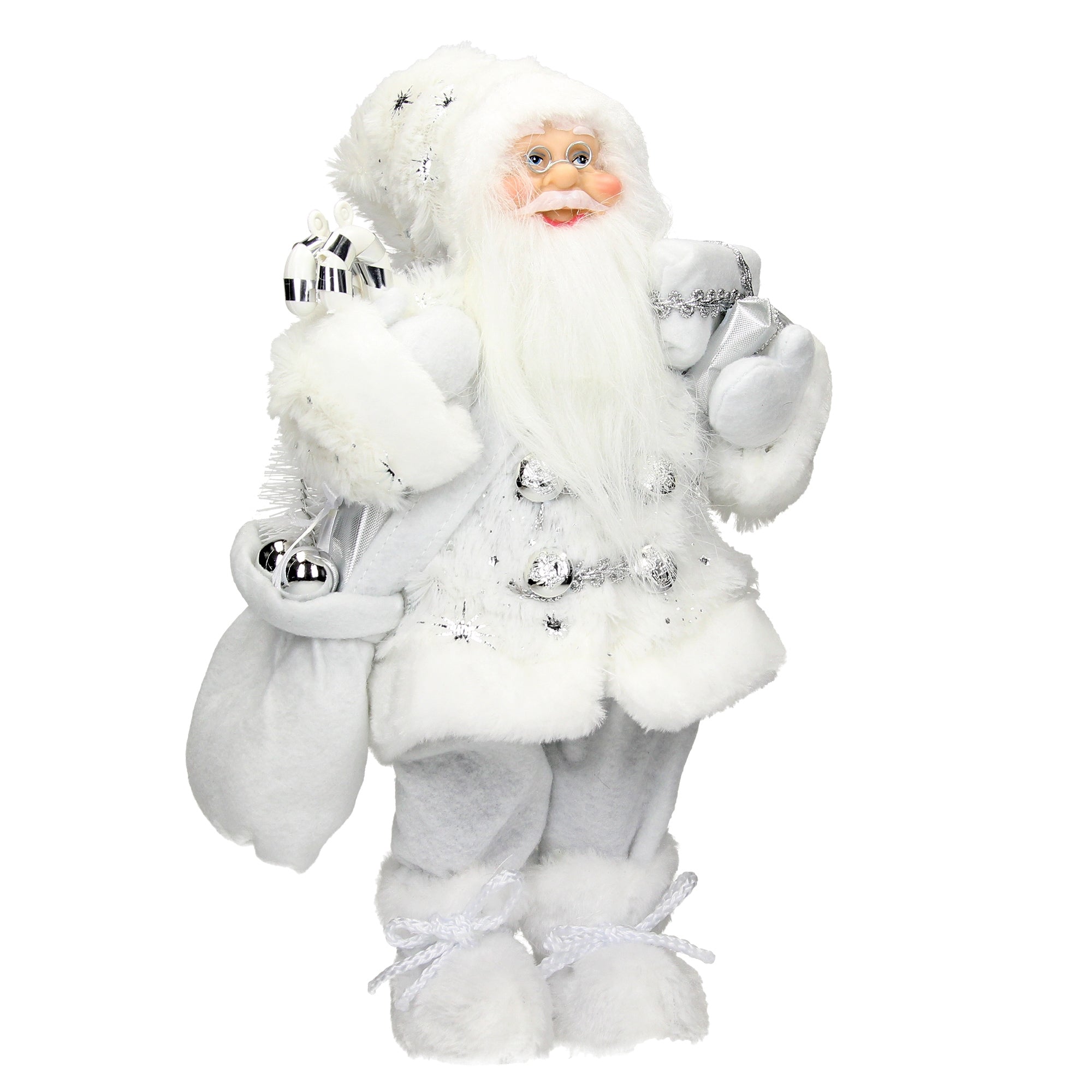 Santa Claus v bílém obleku s dárky a zvonky.