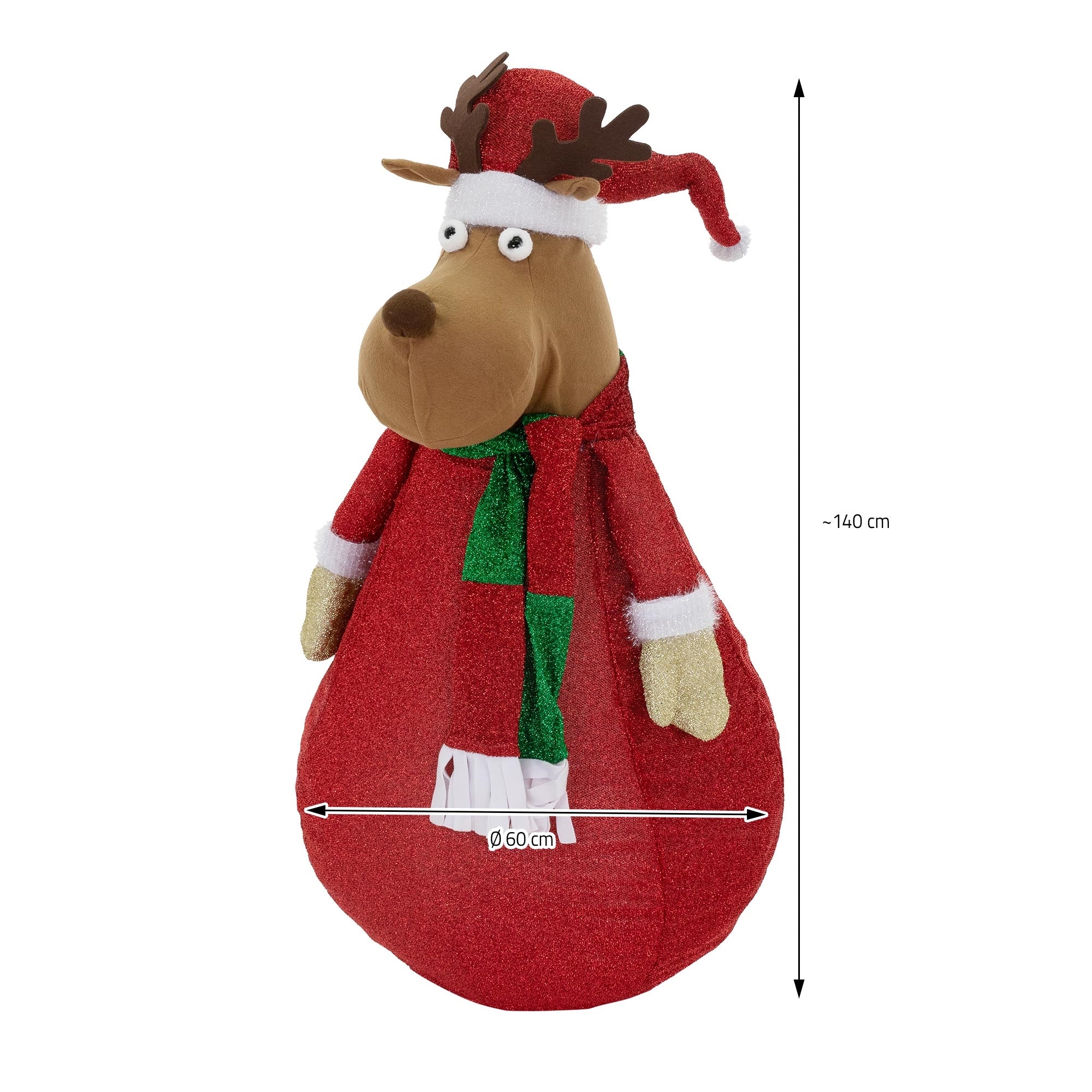 Renne en peluche en costume de Noël avec un nœud vert, 140 cm de haut.
