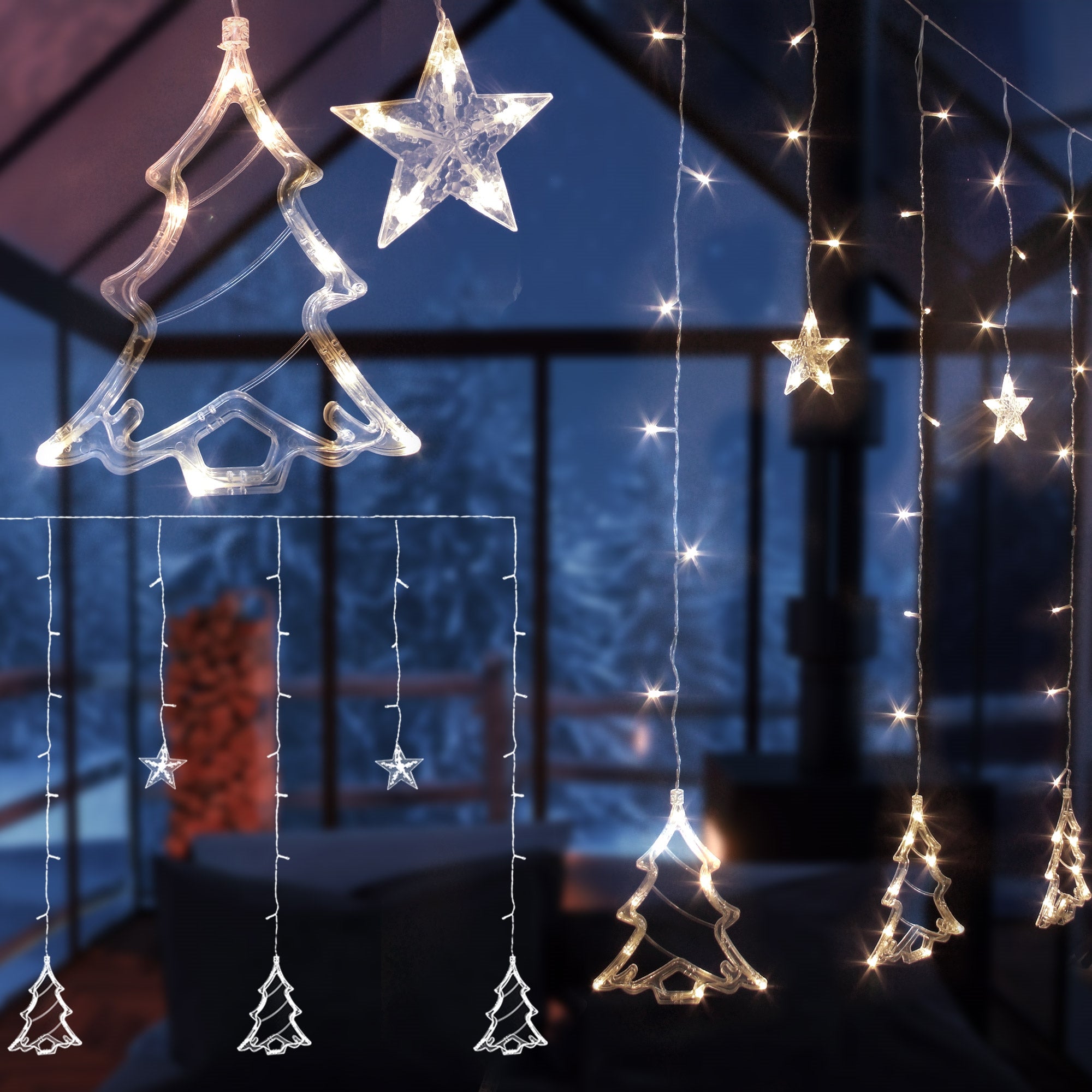 String lights with Christmas tree and star motifs in a room.