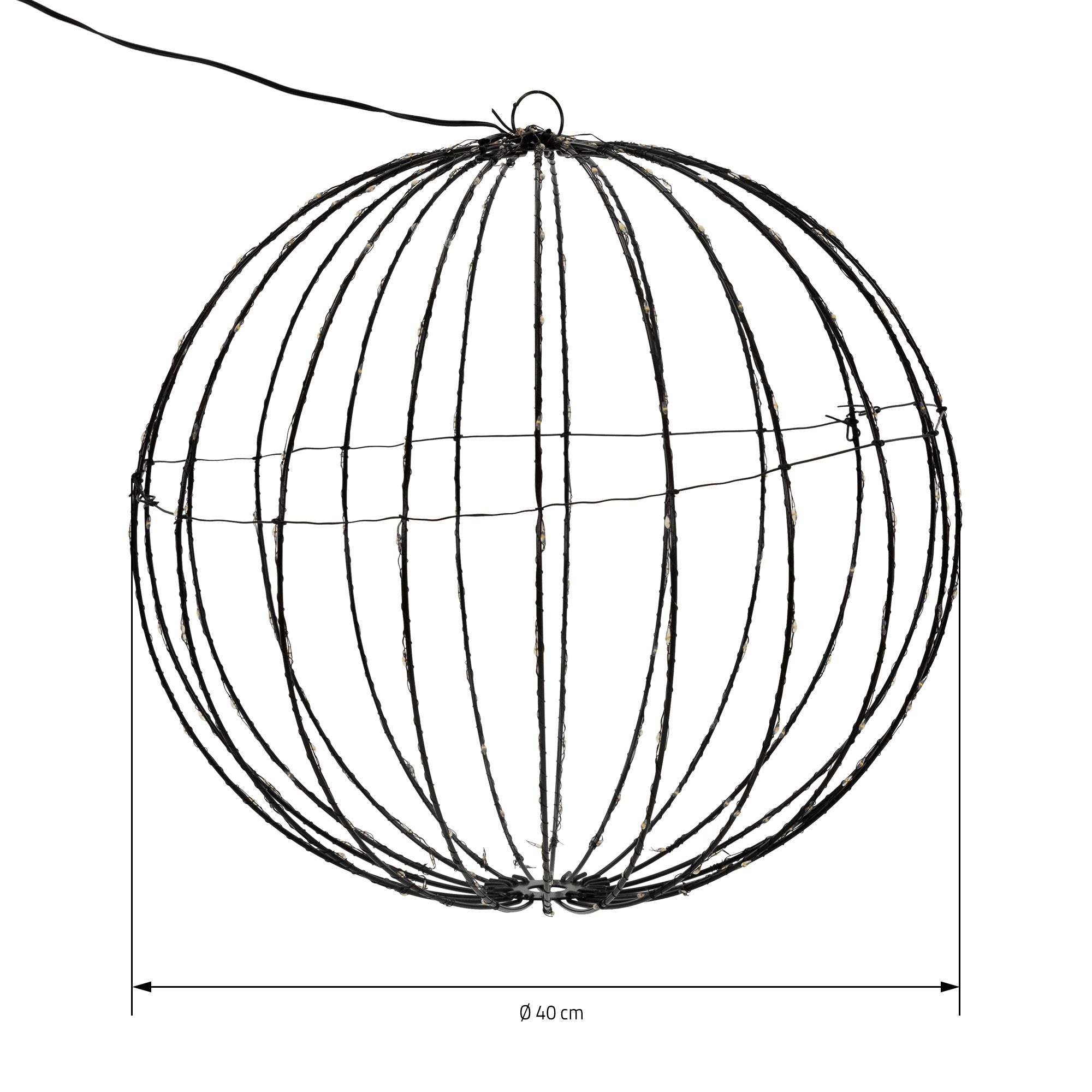 Drátěná koule o průměru 40 cm, v minimalistickém designu.