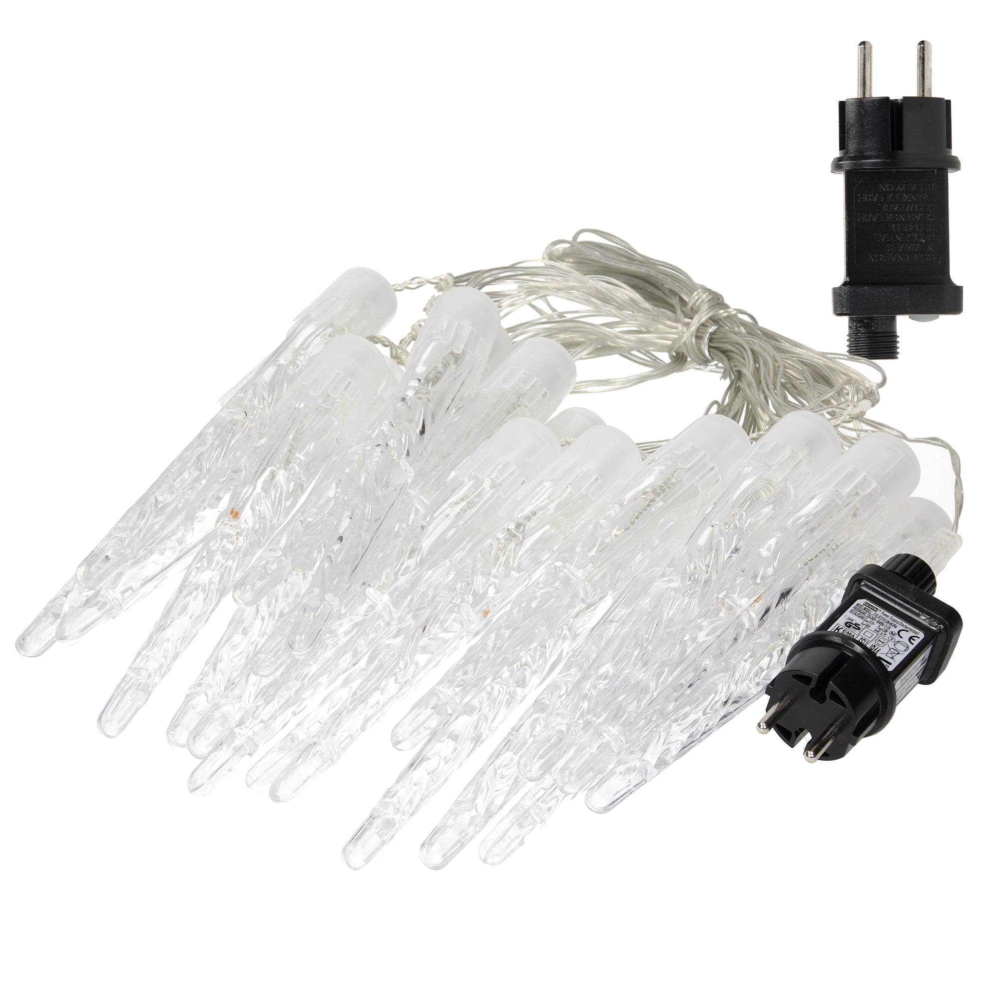 String lights with multiple pointed lights and a plug.