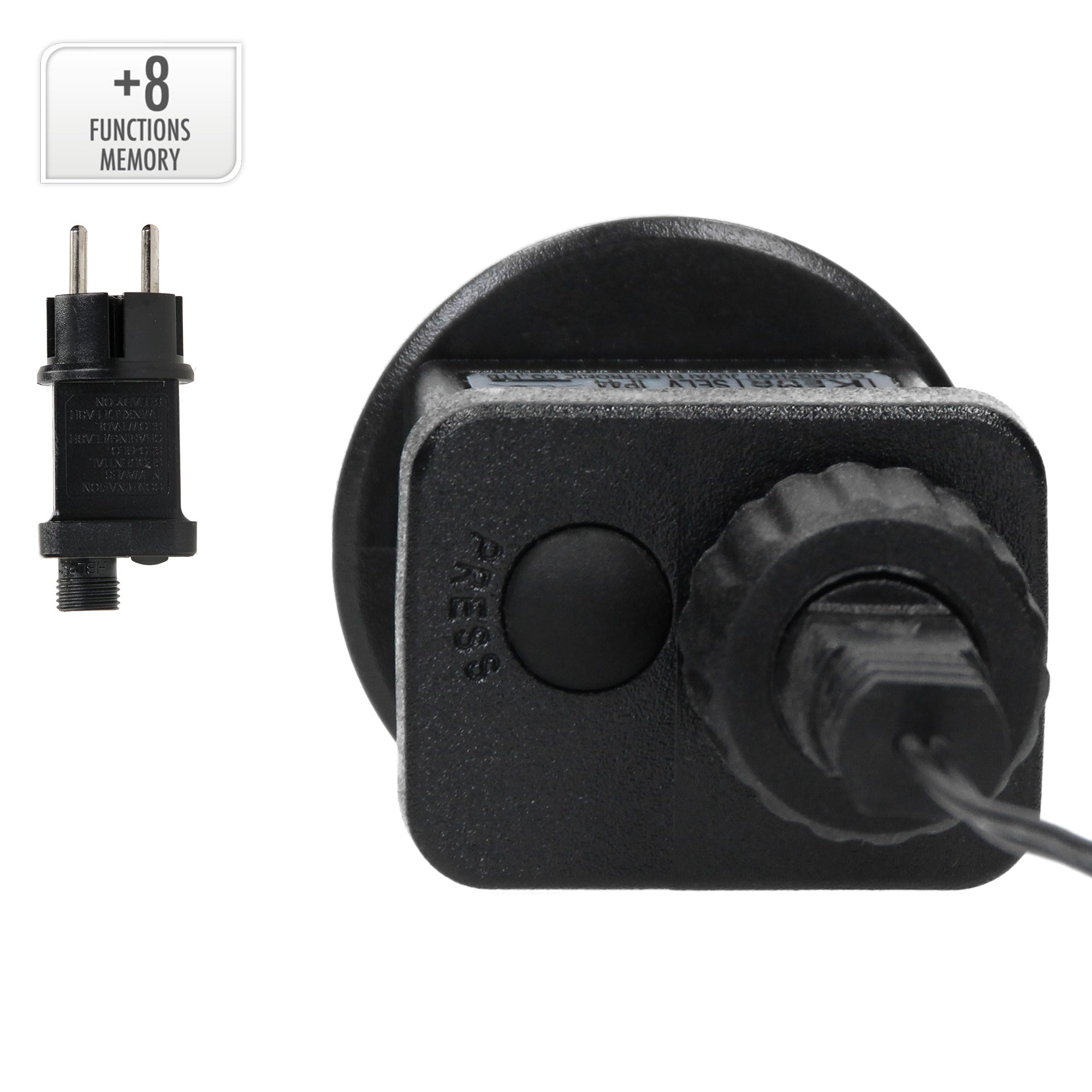 Schwarzer Adapter mit Knopf und Kabel, Steckeranschluss sichtbar.