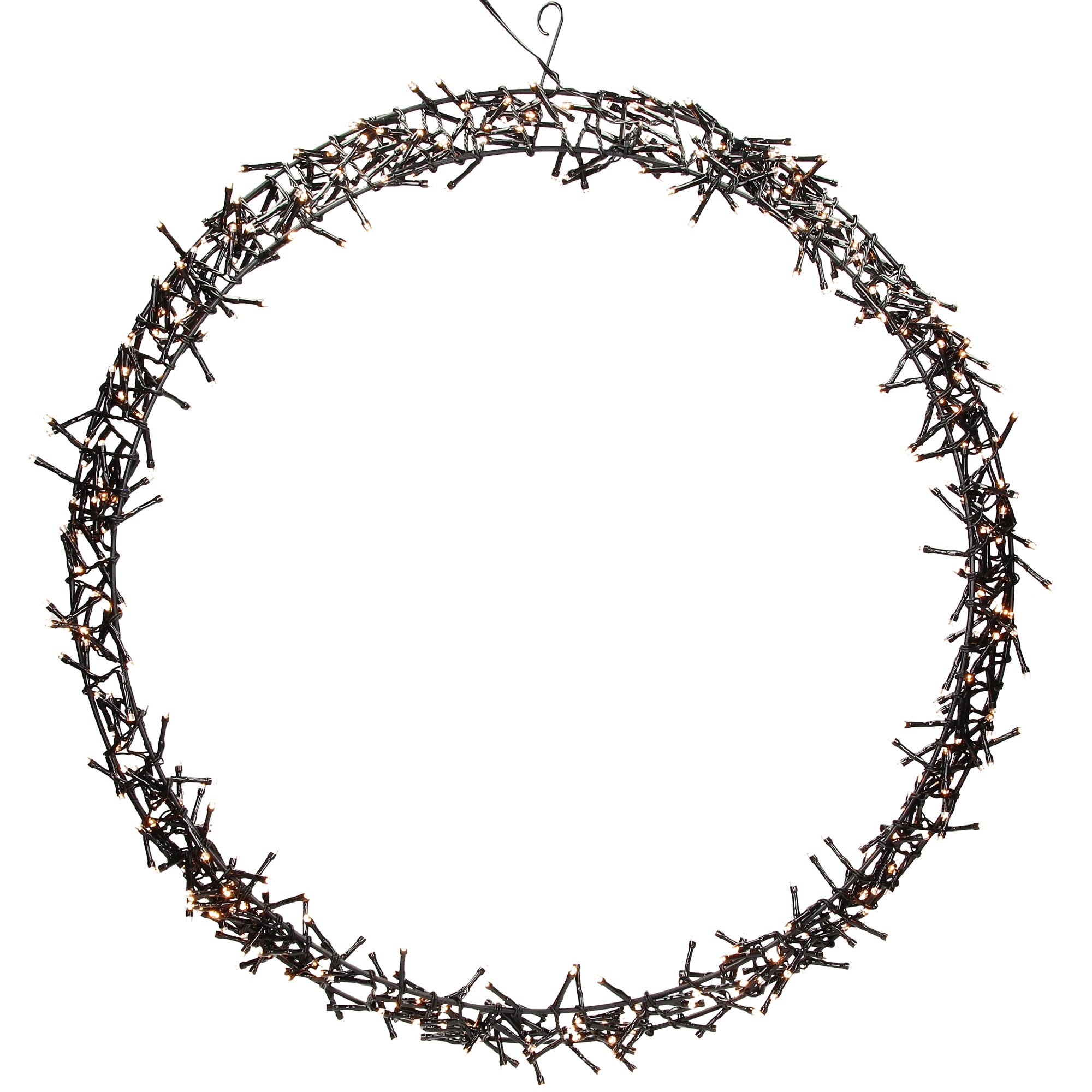 A round wreath made of twigs with integrated lights.
