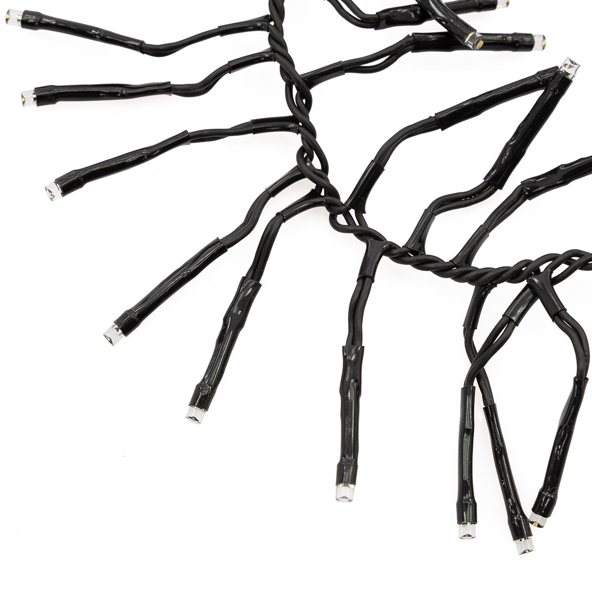 Primer plano de cables negros con luces sobresalientes.