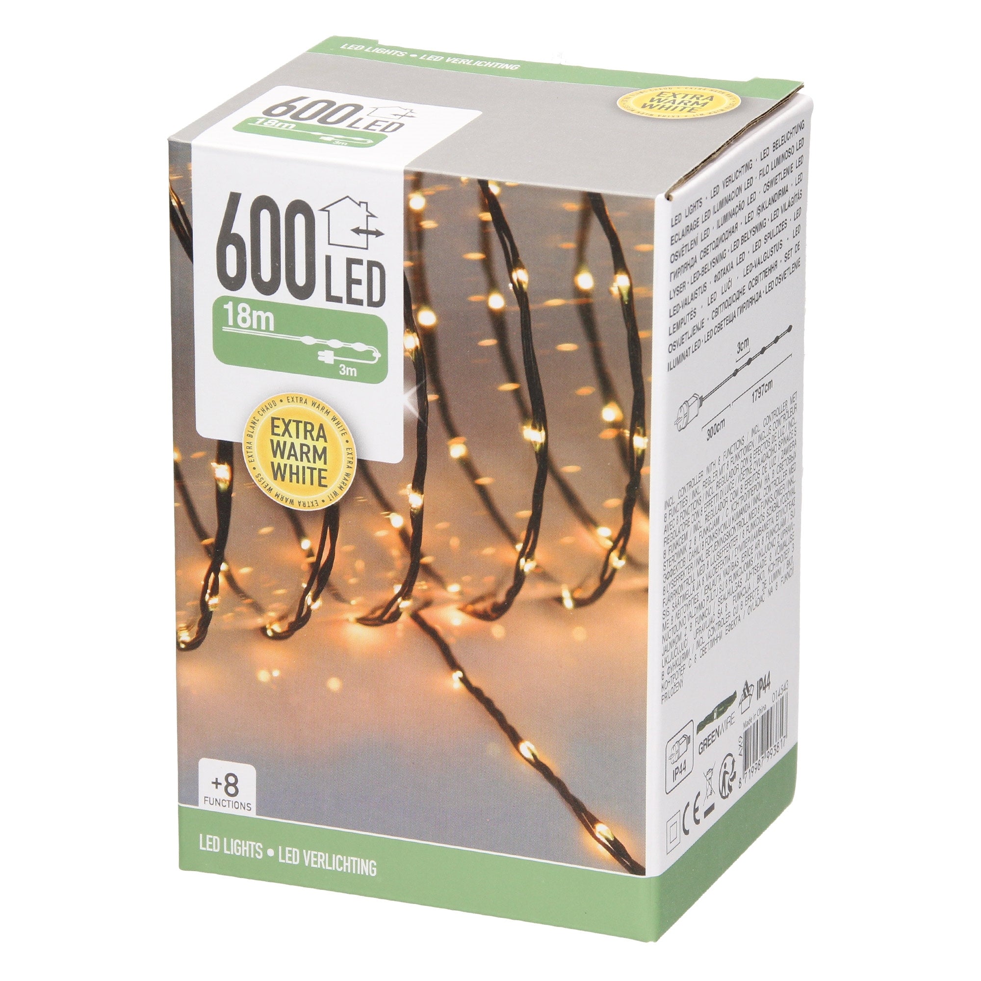 Packaging with LED lights, 600 LEDs, 18m, extra warm white.