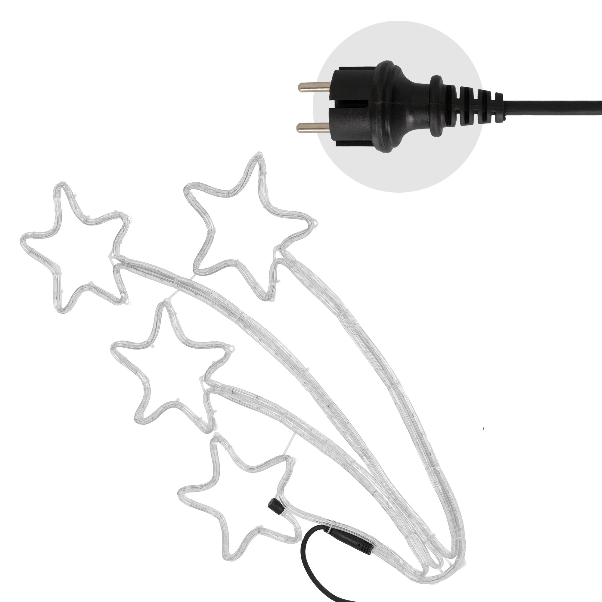 Decoración de luces con enchufe, compuesta por tres estrellas brillantes.