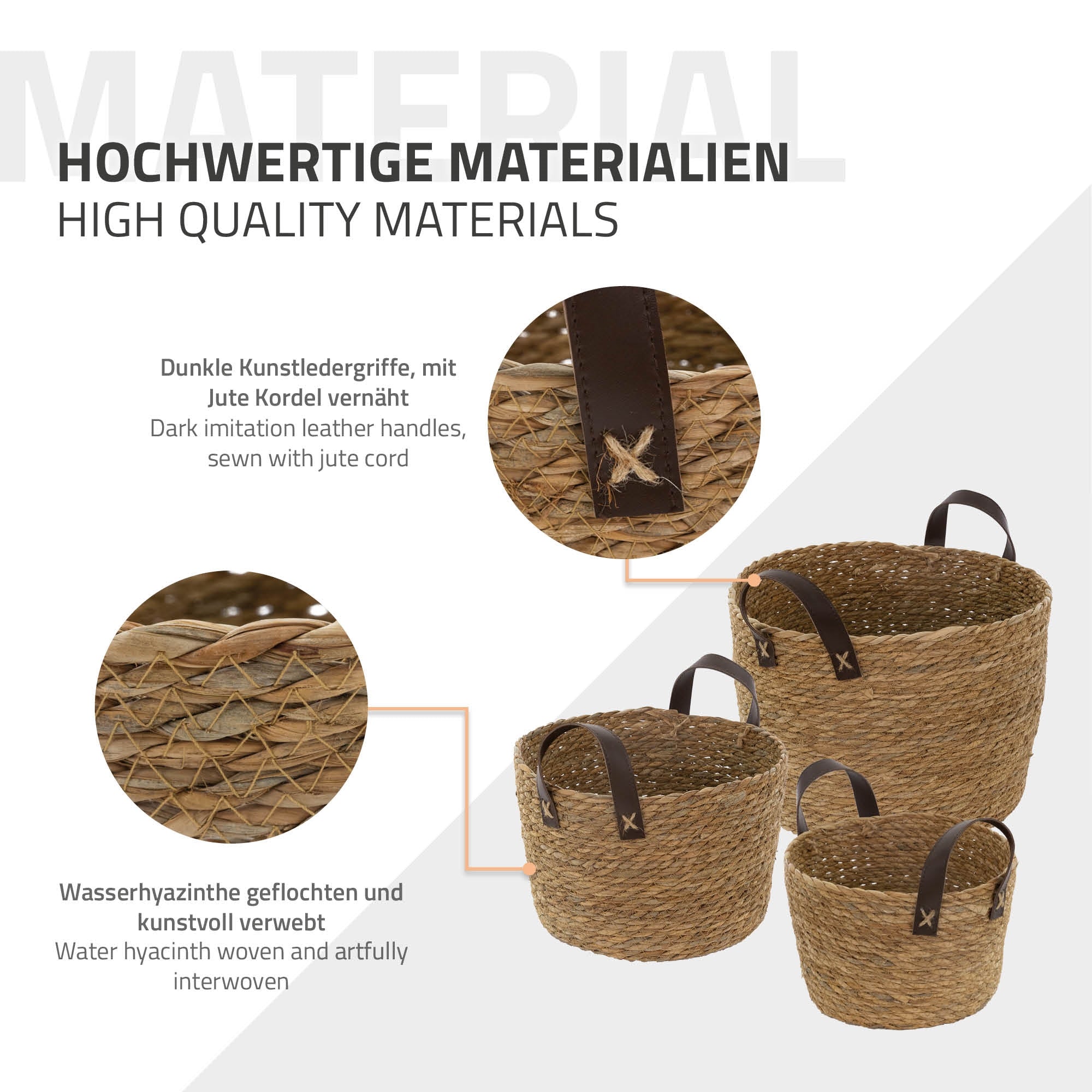 Körbe aus geflochtenem Material mit Kunstledergriffen, verschiedene Größen.