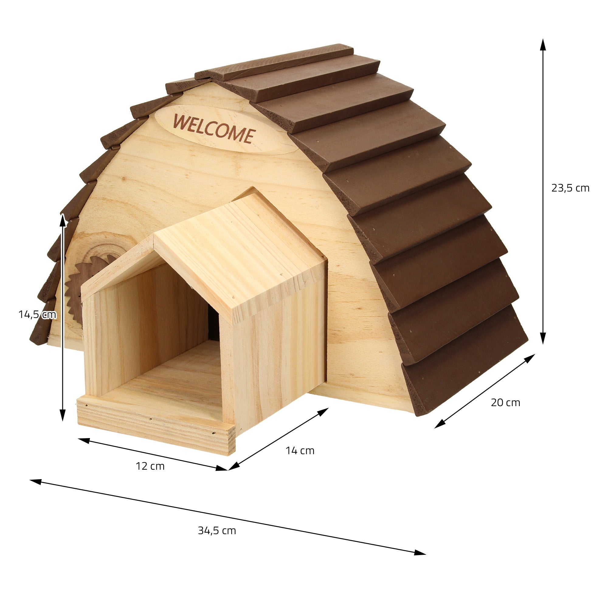 Maison en bois avec deux entrées et un toit en bardeaux, dimensions indiquées.