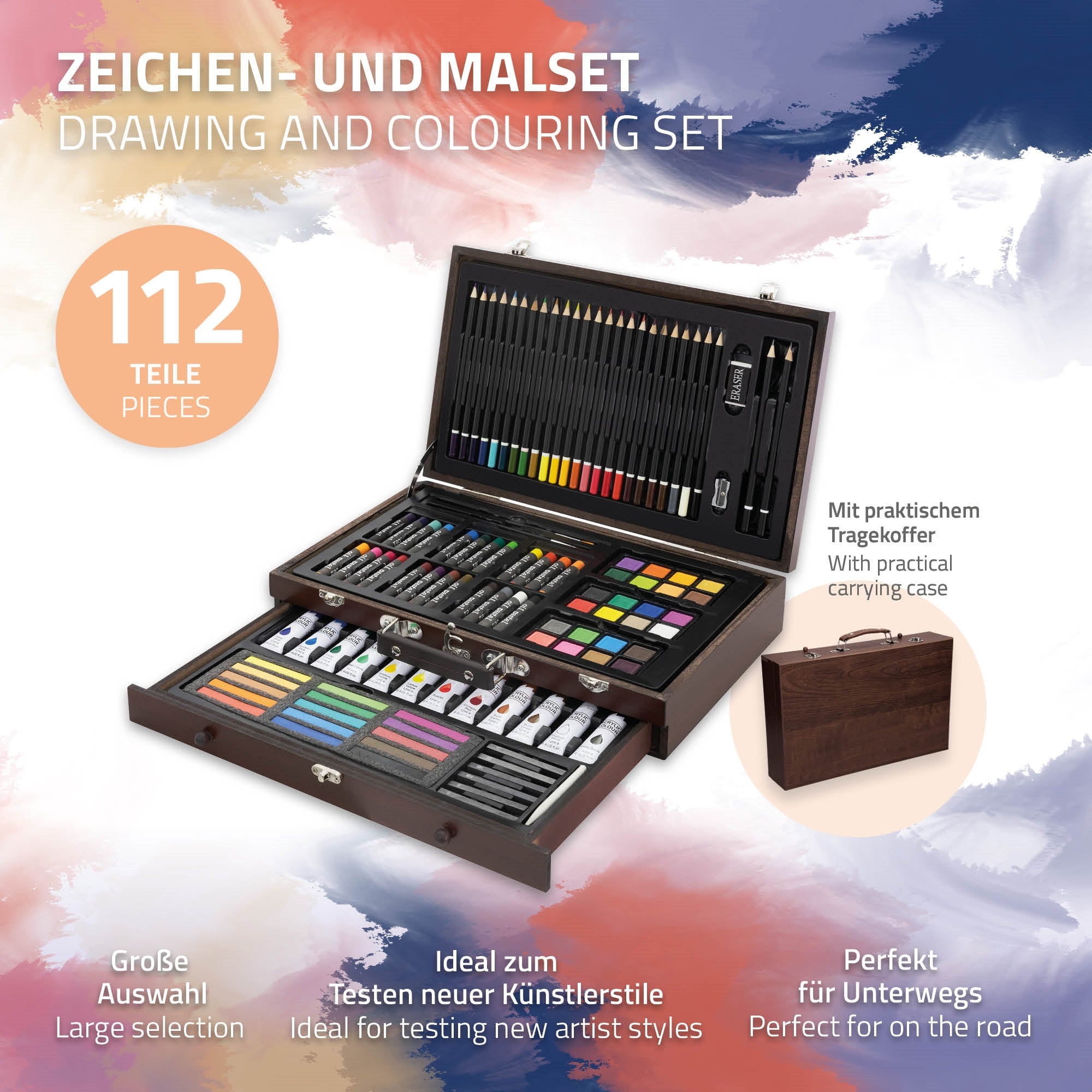 Drawing and painting set with 112 pieces, opened, in a case.