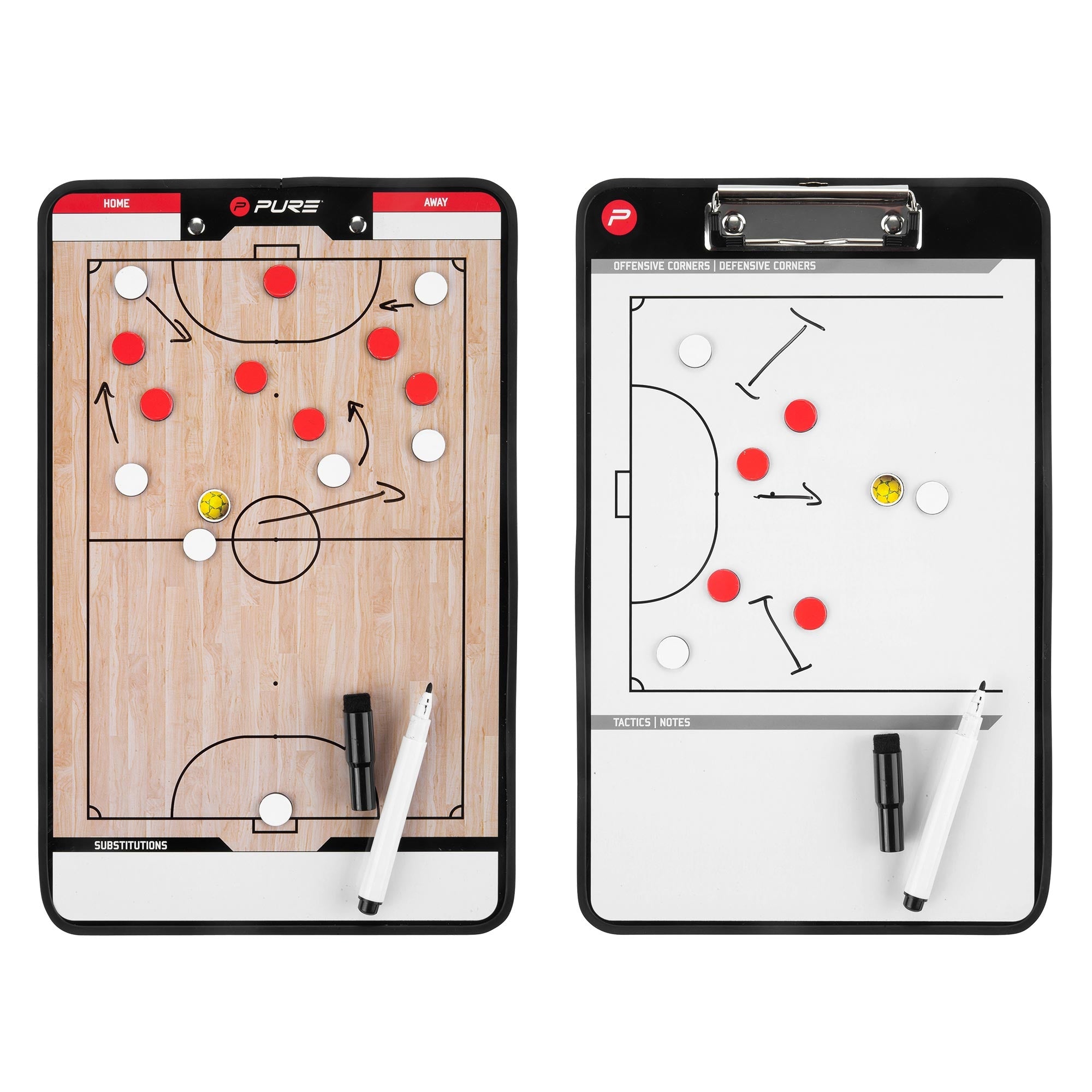 Taktiktafel für Sport mit Spielfeld und Markierungen in rot und weiß.