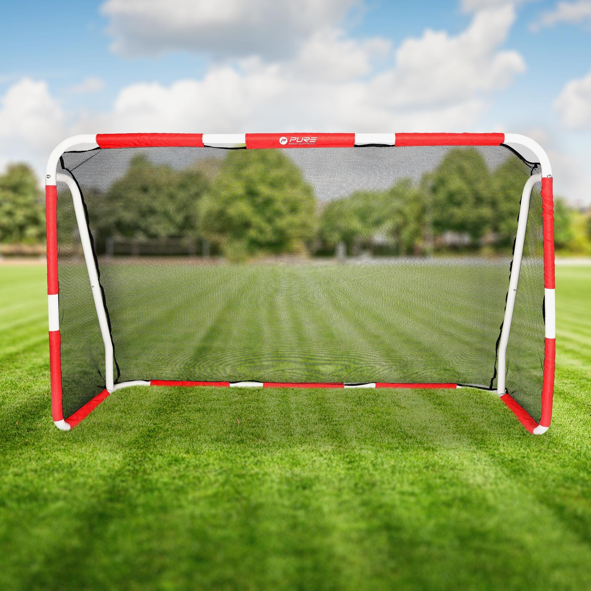 Un but de football sur un terrain de gazon vert sous un ciel bleu.