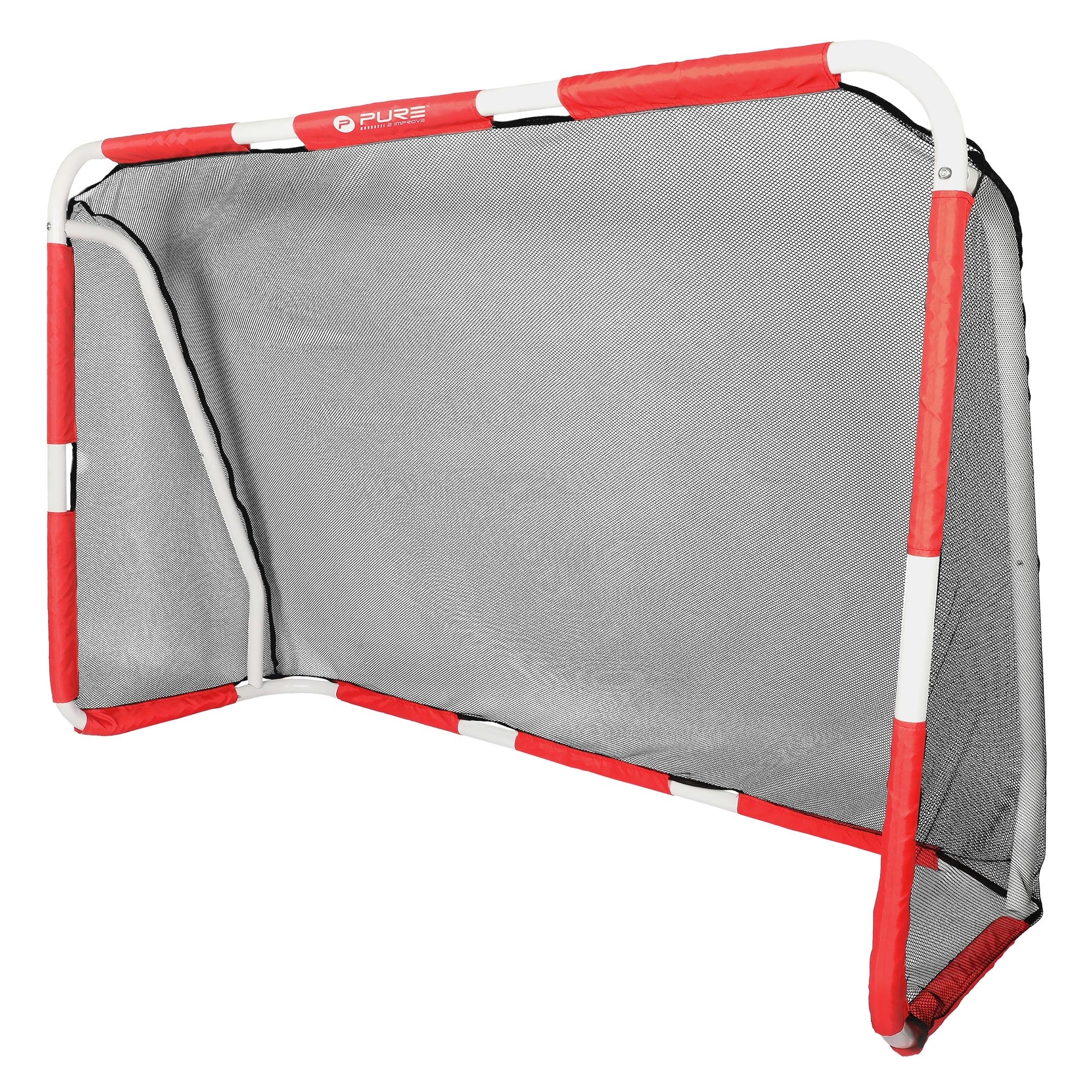 Portería de fútbol plegable con marco rojo y blanco y red.