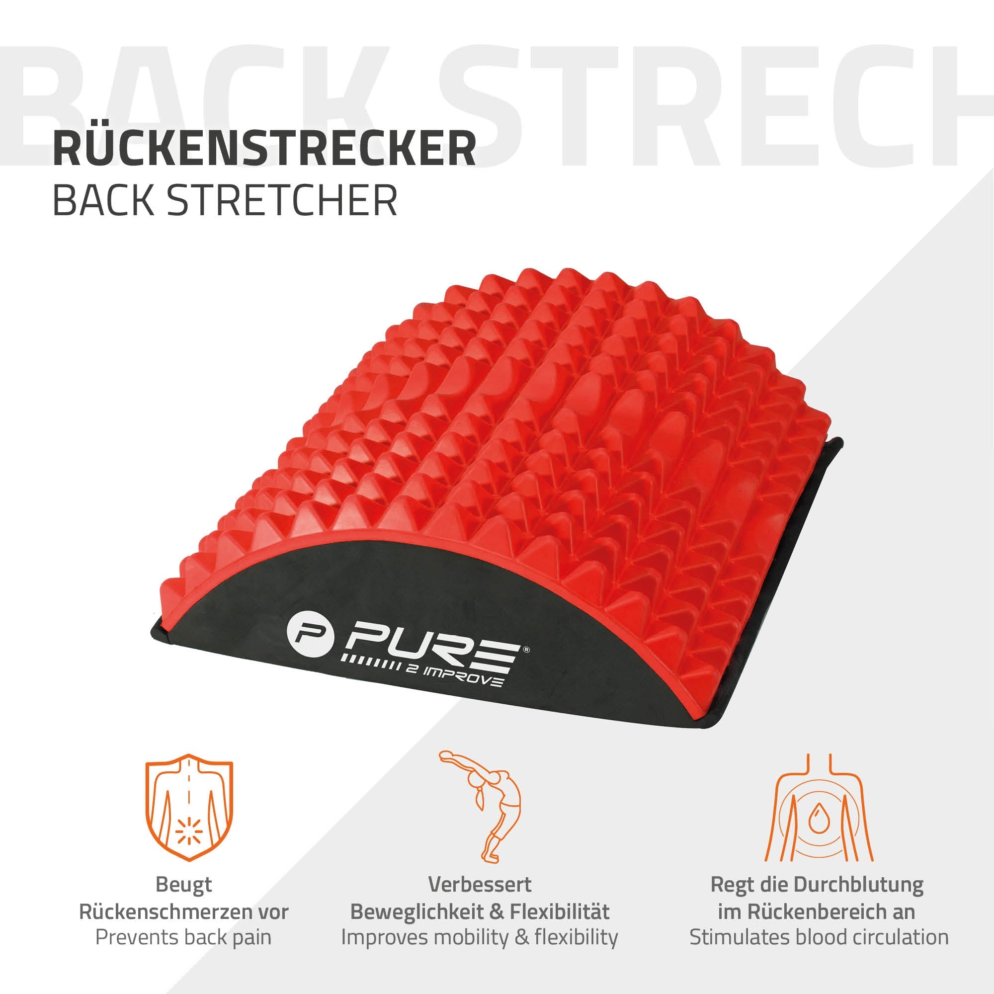 Rückenstrecker in rot und schwarz, mit strukturiertem Design.