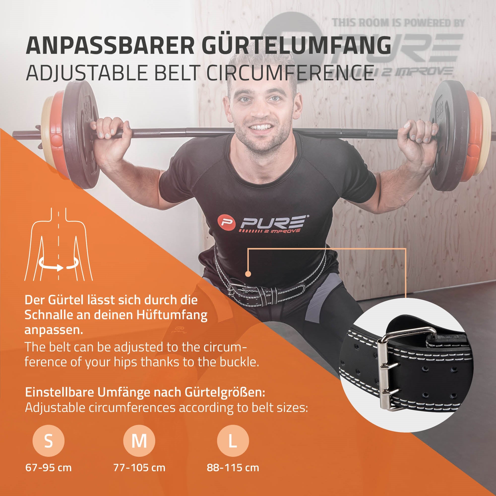 Mann mit Gewichthebergürtel beim Squat, Fitnessstudio im Hintergrund.