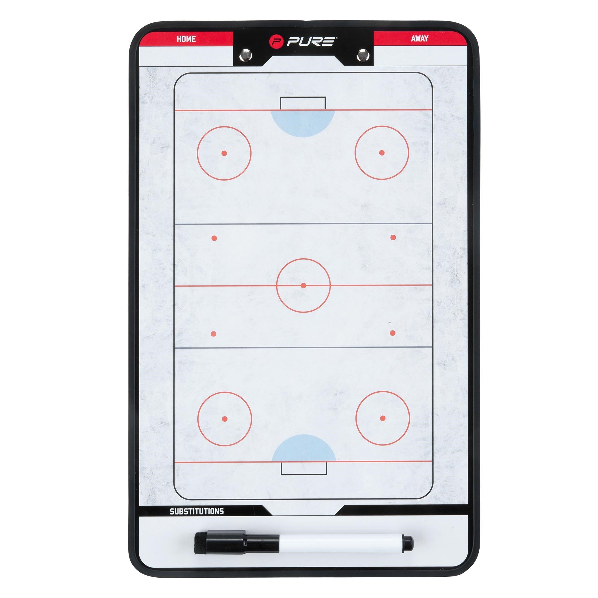 Pizarra táctica de hockey sobre hielo con campo de juego y marcas.