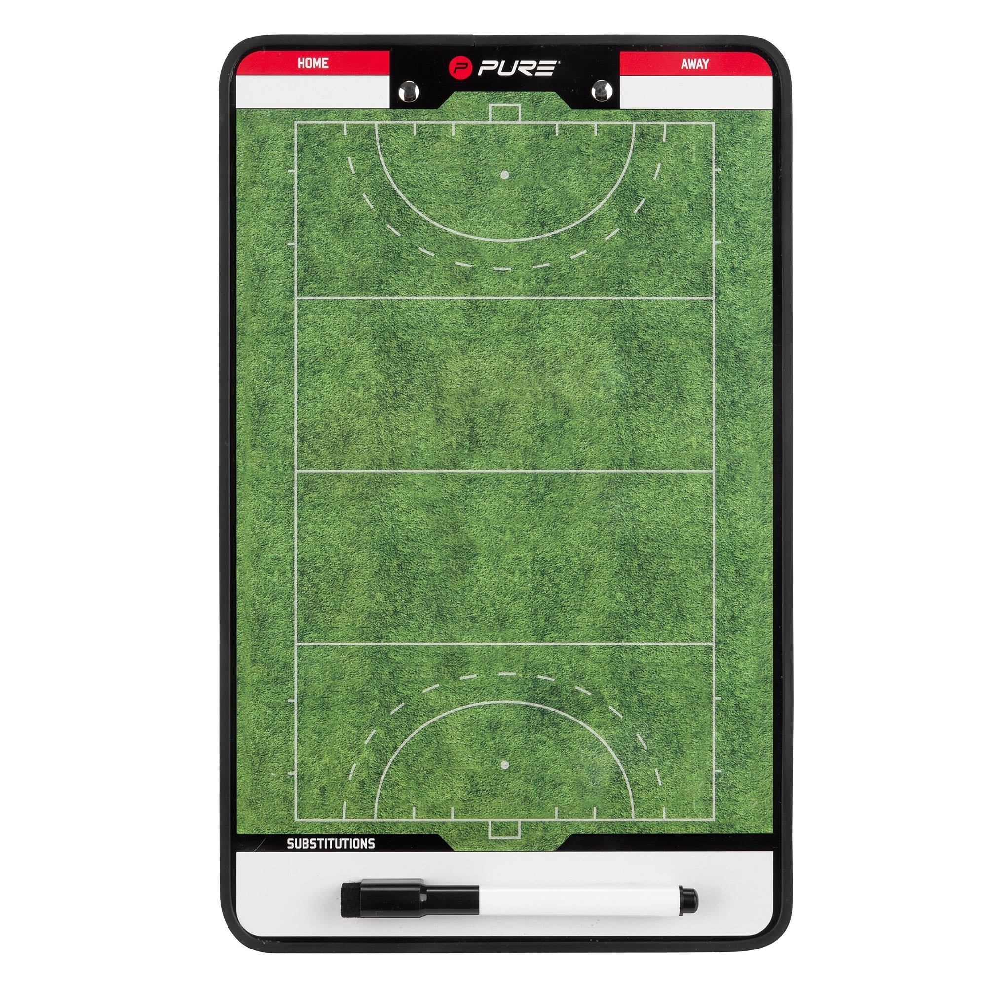 Pizarra táctica de fútbol con campo de juego y marcas.