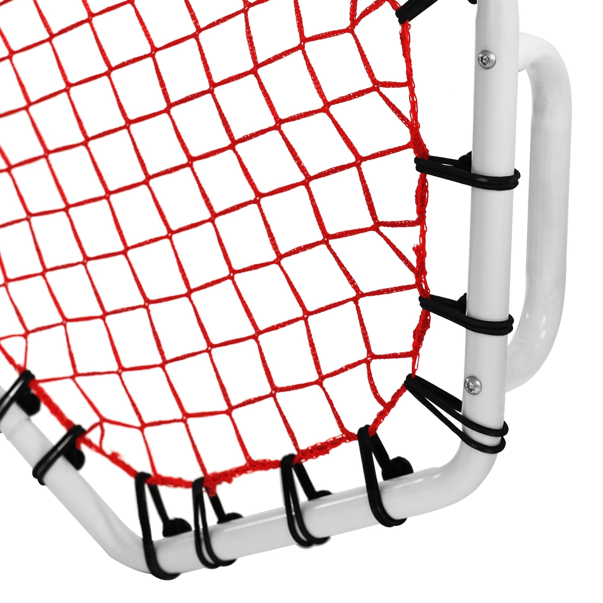 Close-up of a soccer goal frame with a red net.
