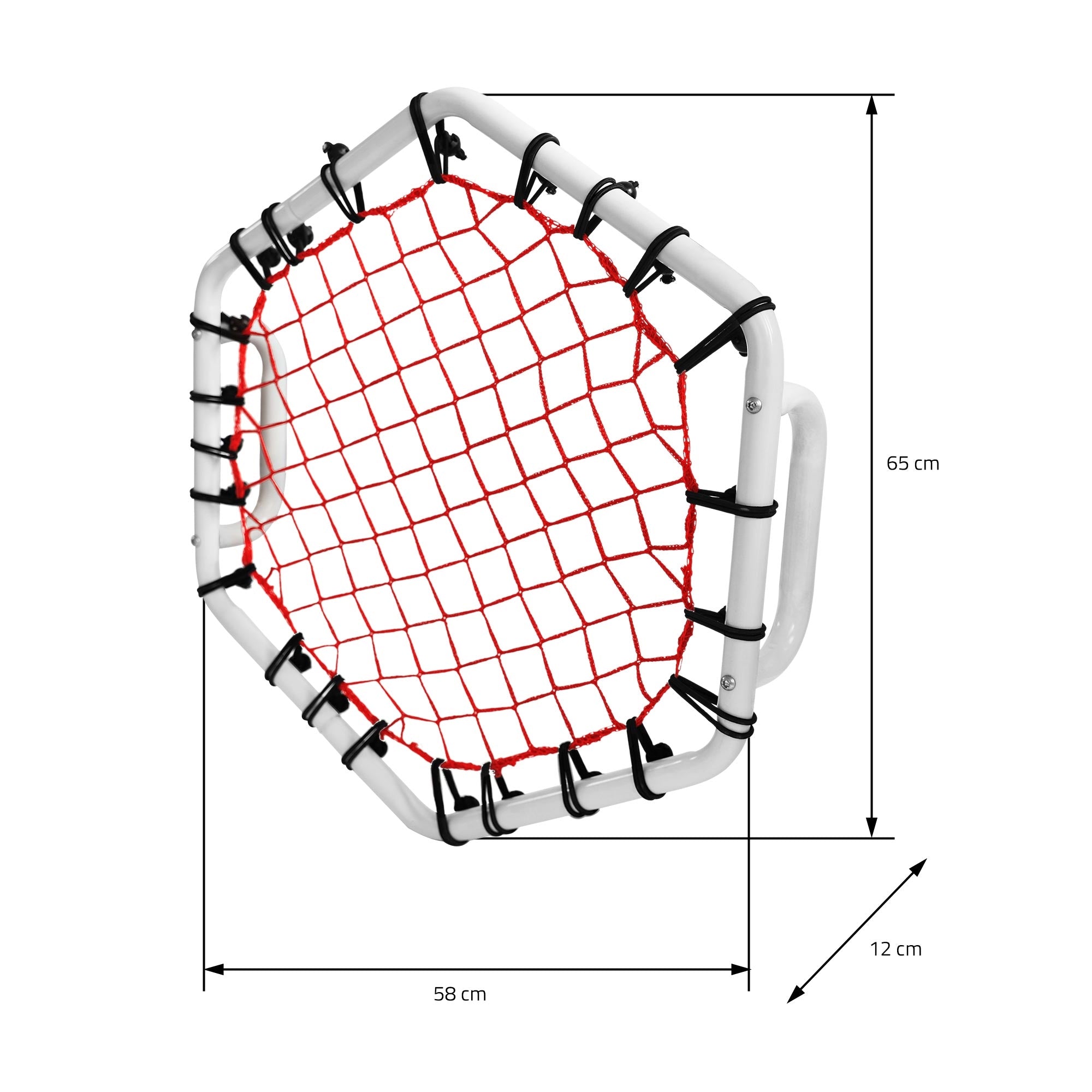 A hexagonal training ring with a red net and white frame.