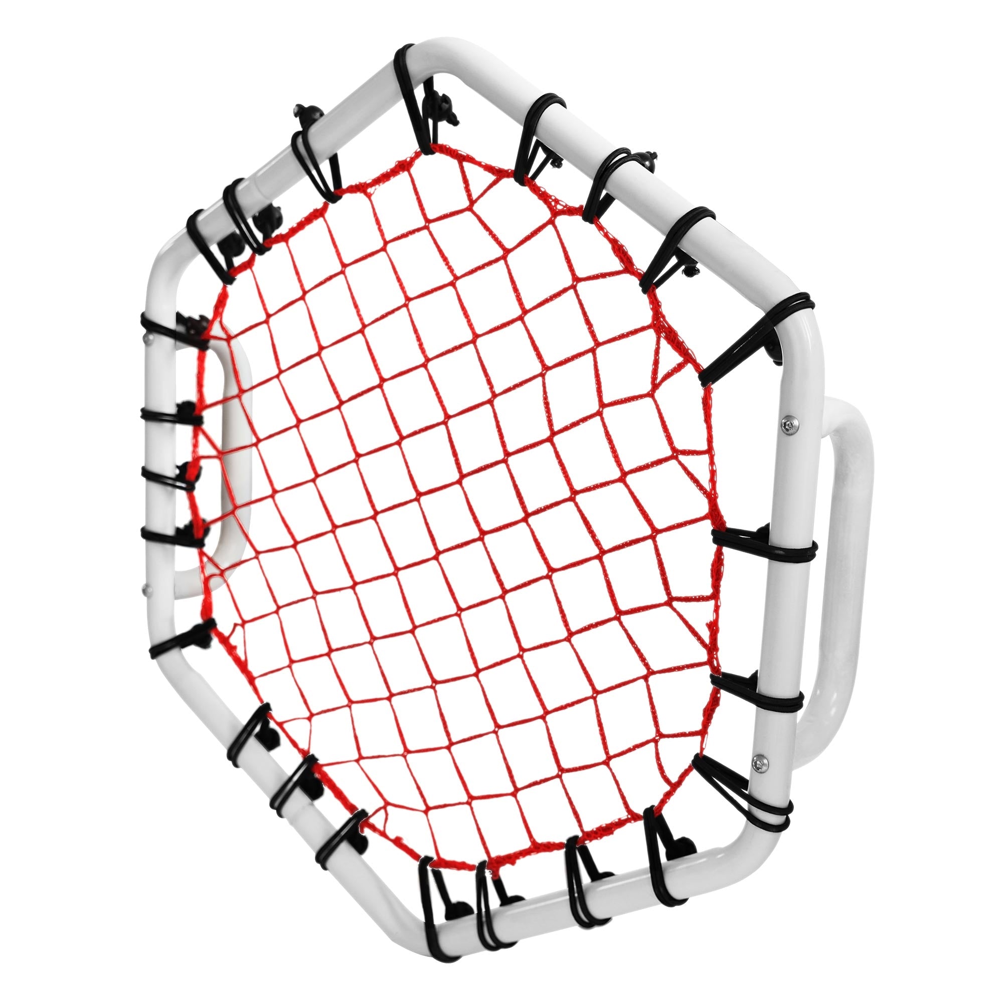 Portería hexagonal con red roja y marco blanco.