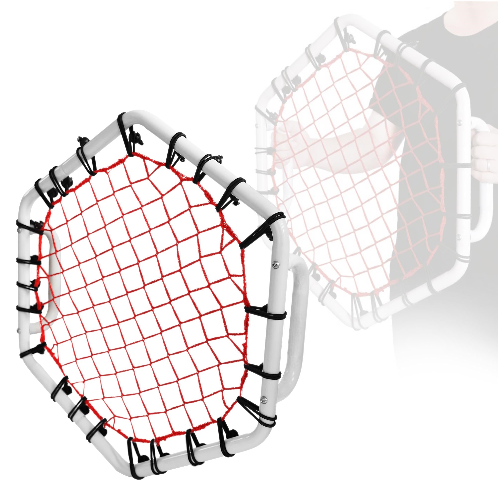 Red hexagonal con rejilla roja, sostenida en la mano.