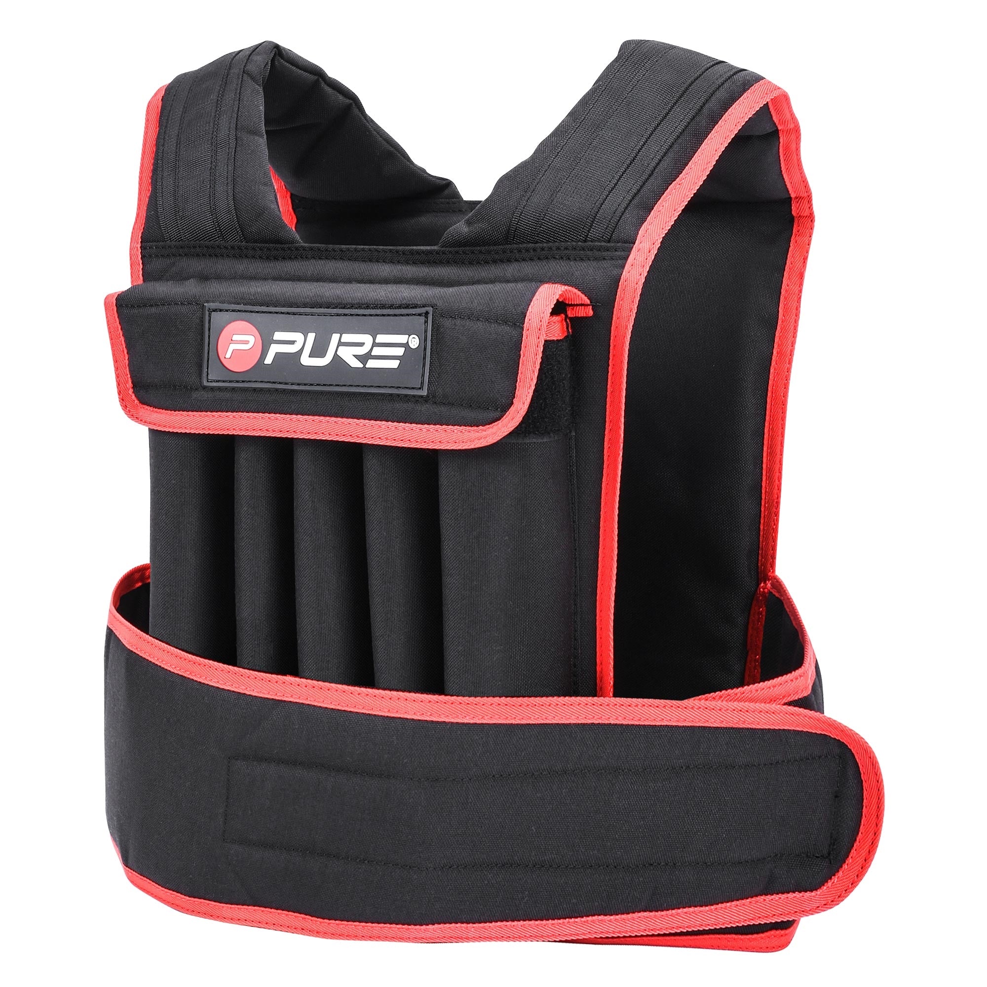 Gilet pesante nero con accenti rossi e tasche.