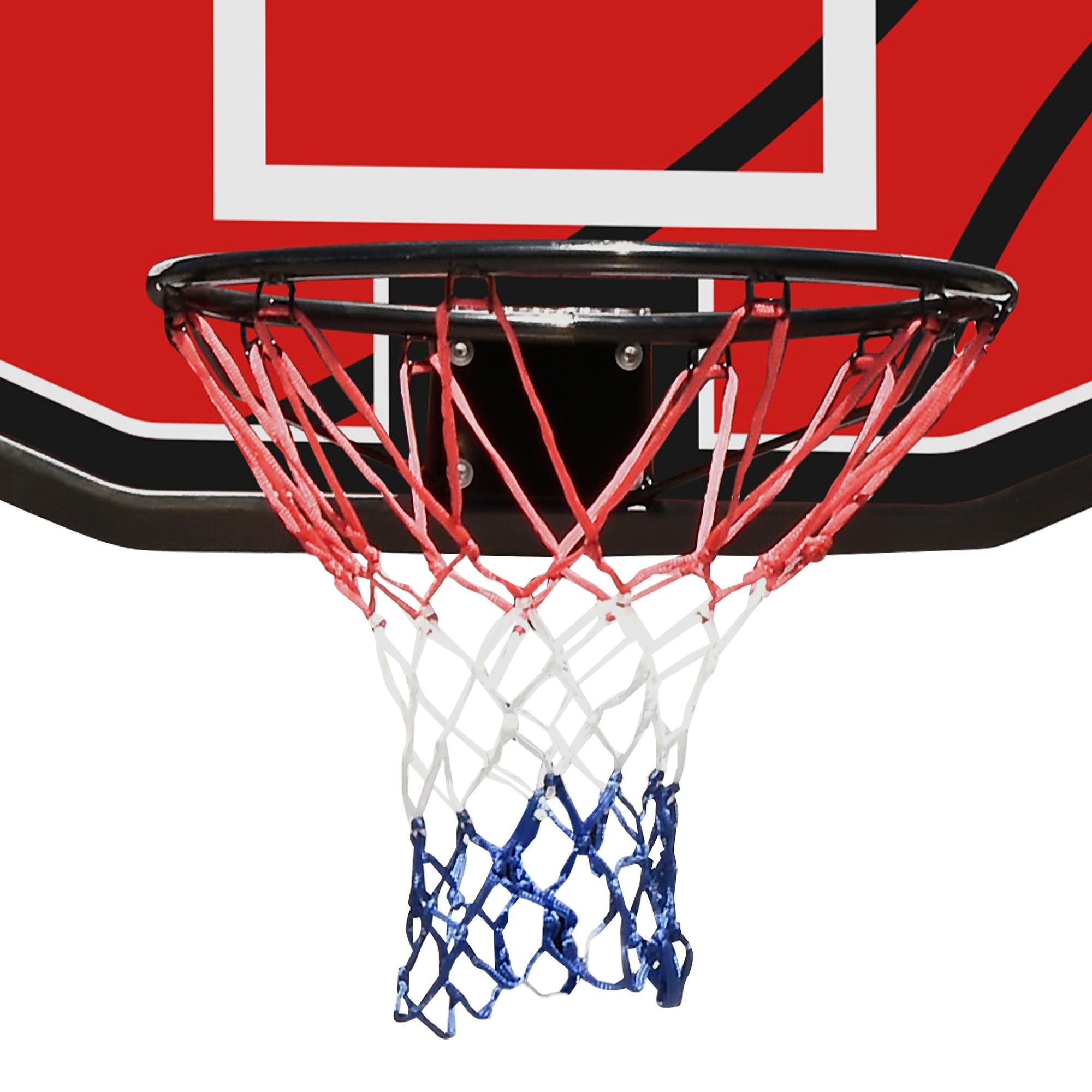 Basketballkorb mit rot-weiß-blauem Netz und schwarzem Rahmen.