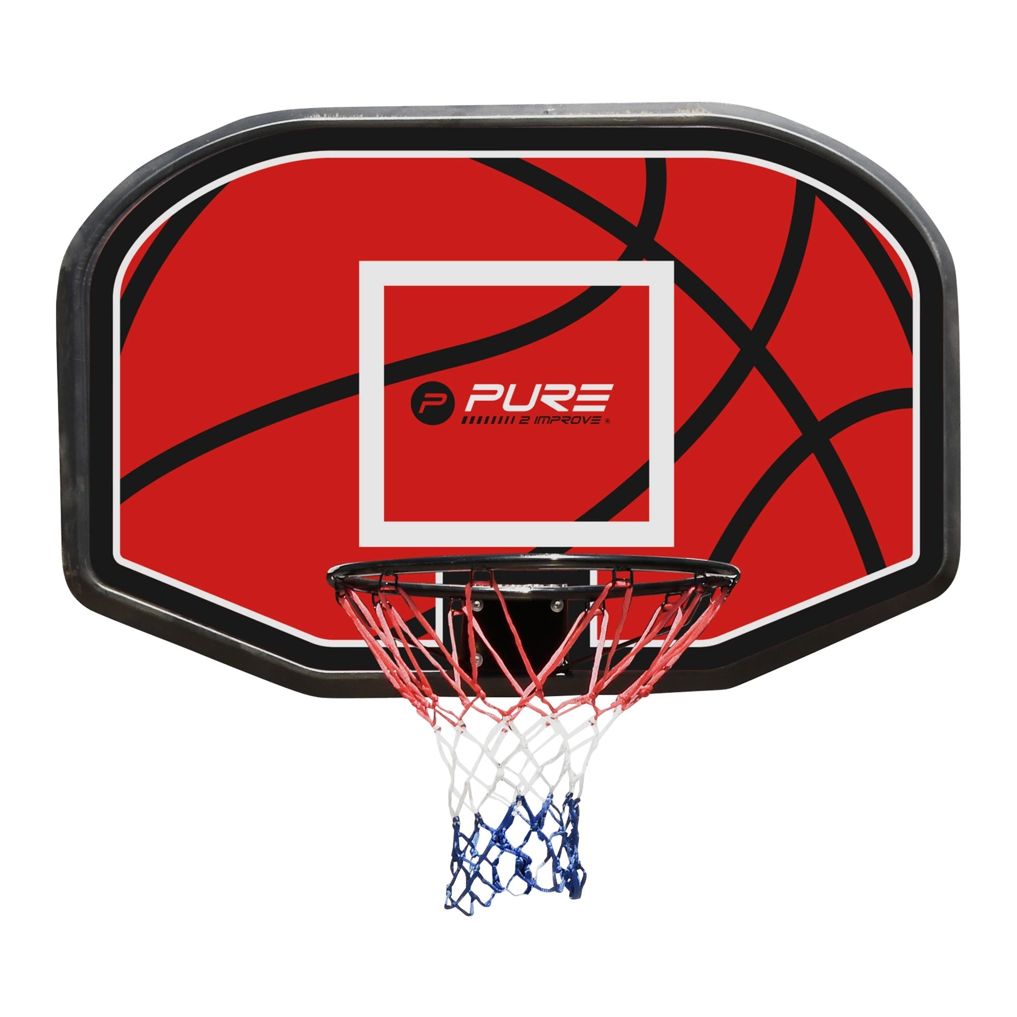 Una canasta de baloncesto con un fondo rojo y un marco blanco.