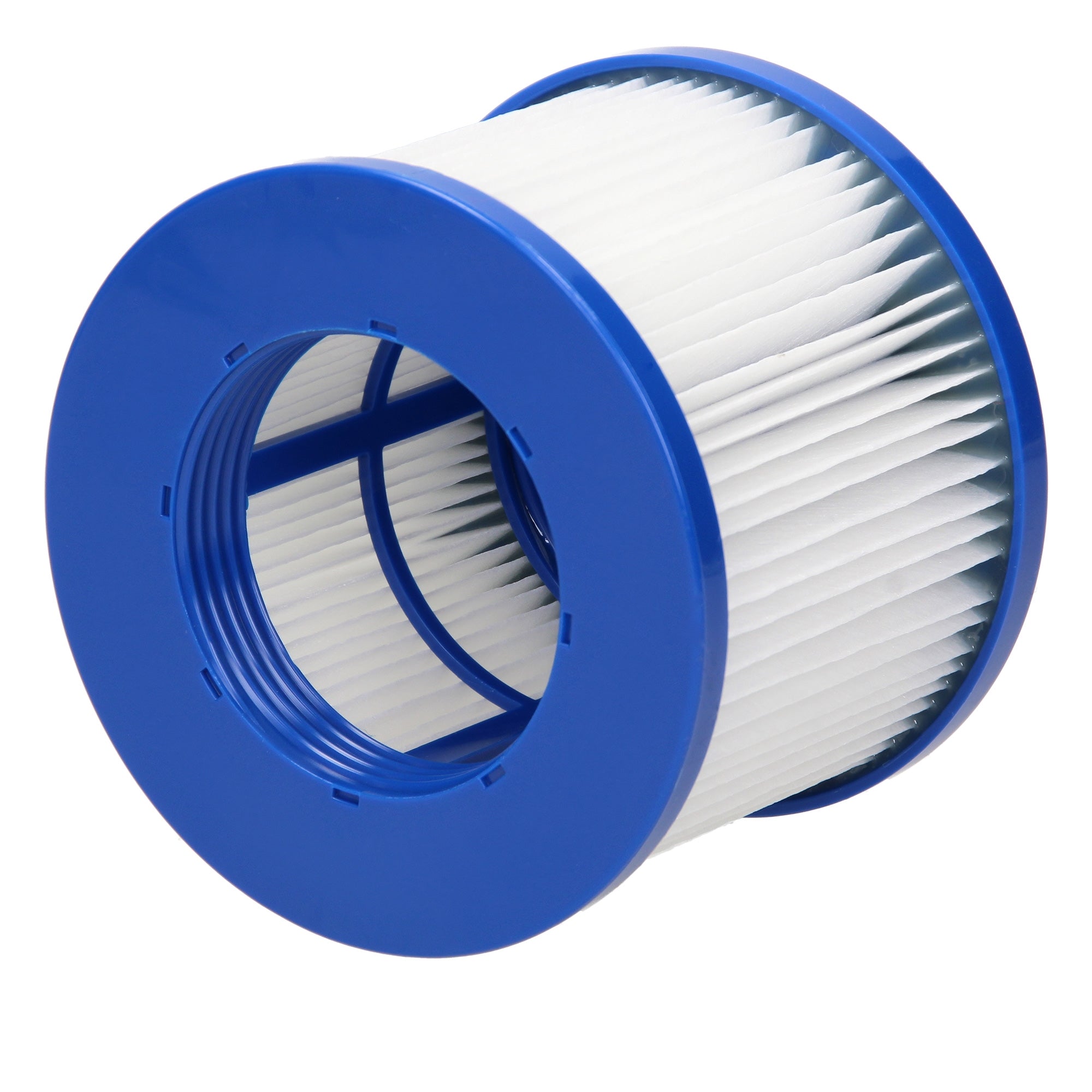 Runder blauer Filter mit weißen Falten für Luft- oder Wasserreinigung.
