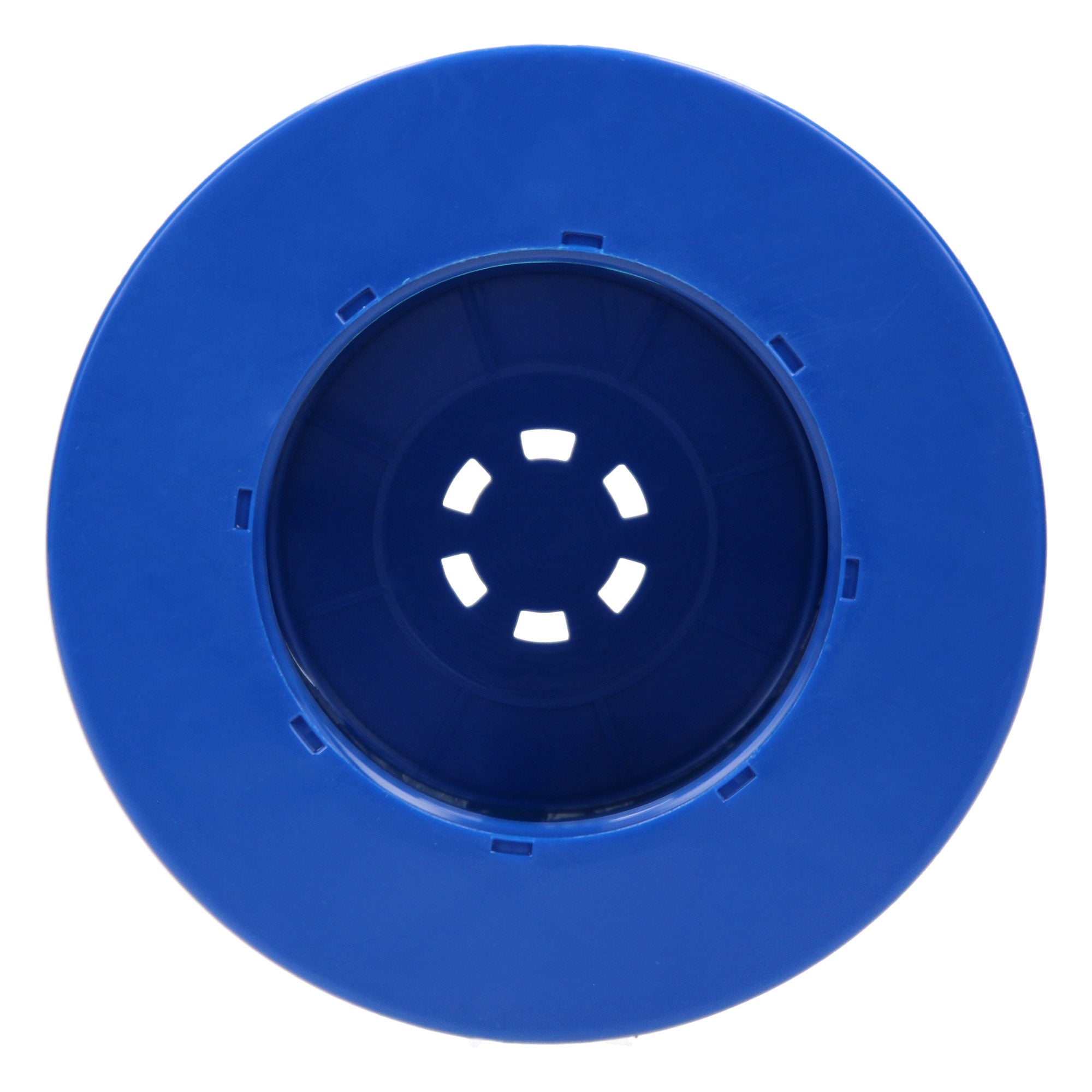 Obenansicht eines blauen Filters mit mehreren Löchern in der Mitte.